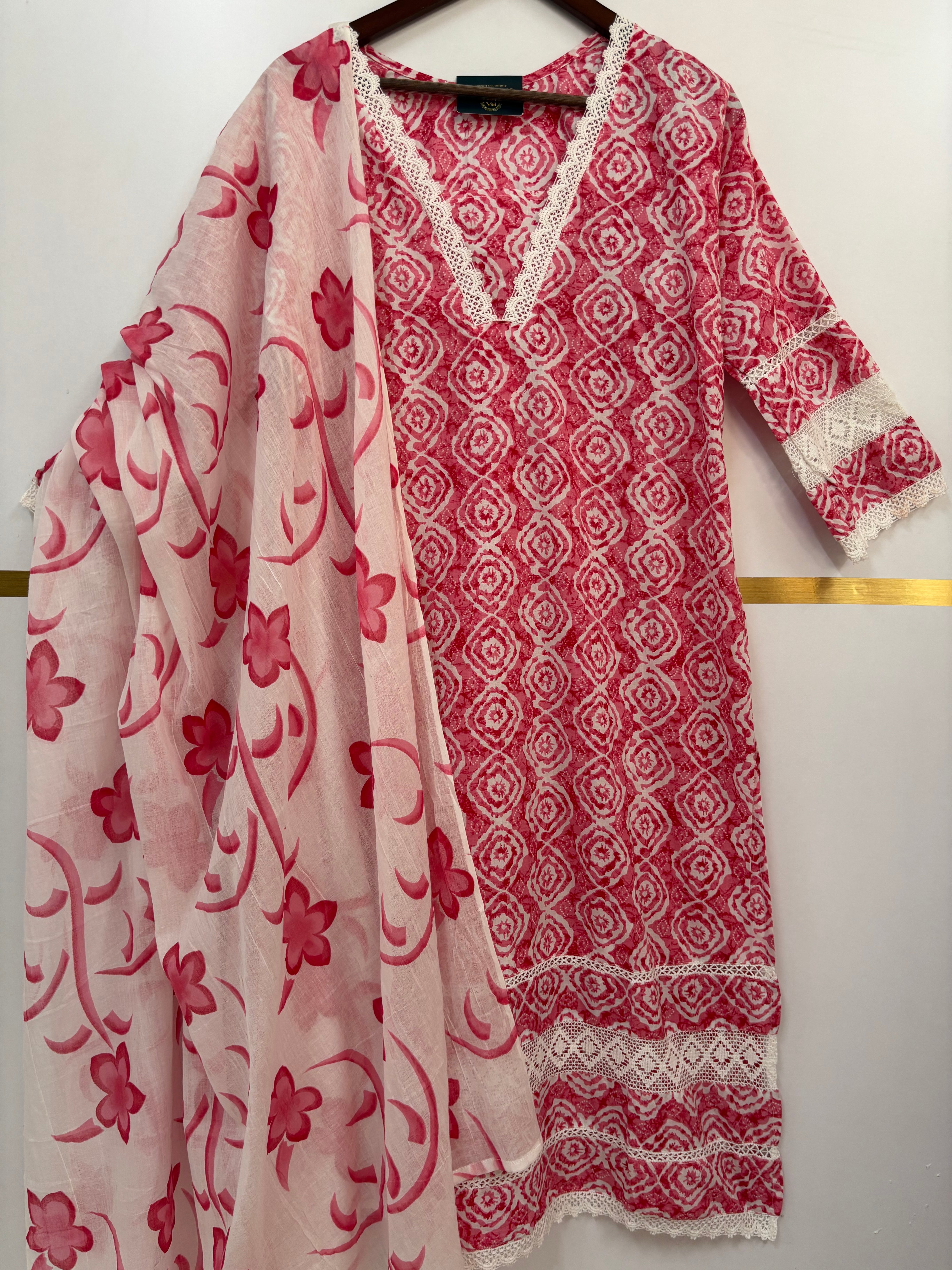 Pink Cotton Block Print Straight Fit Kurtha