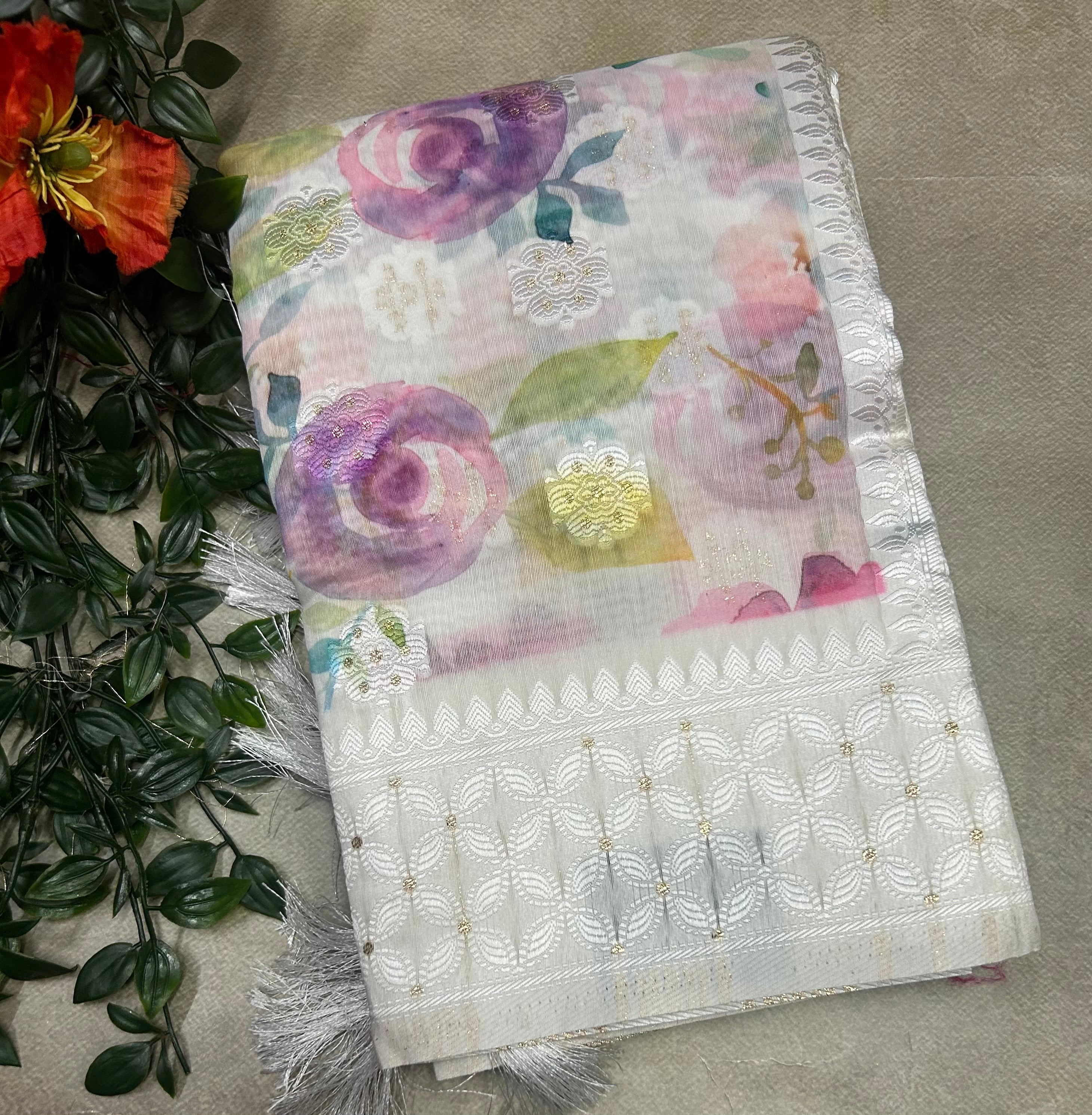 Cream Digital print semi Tussar saree