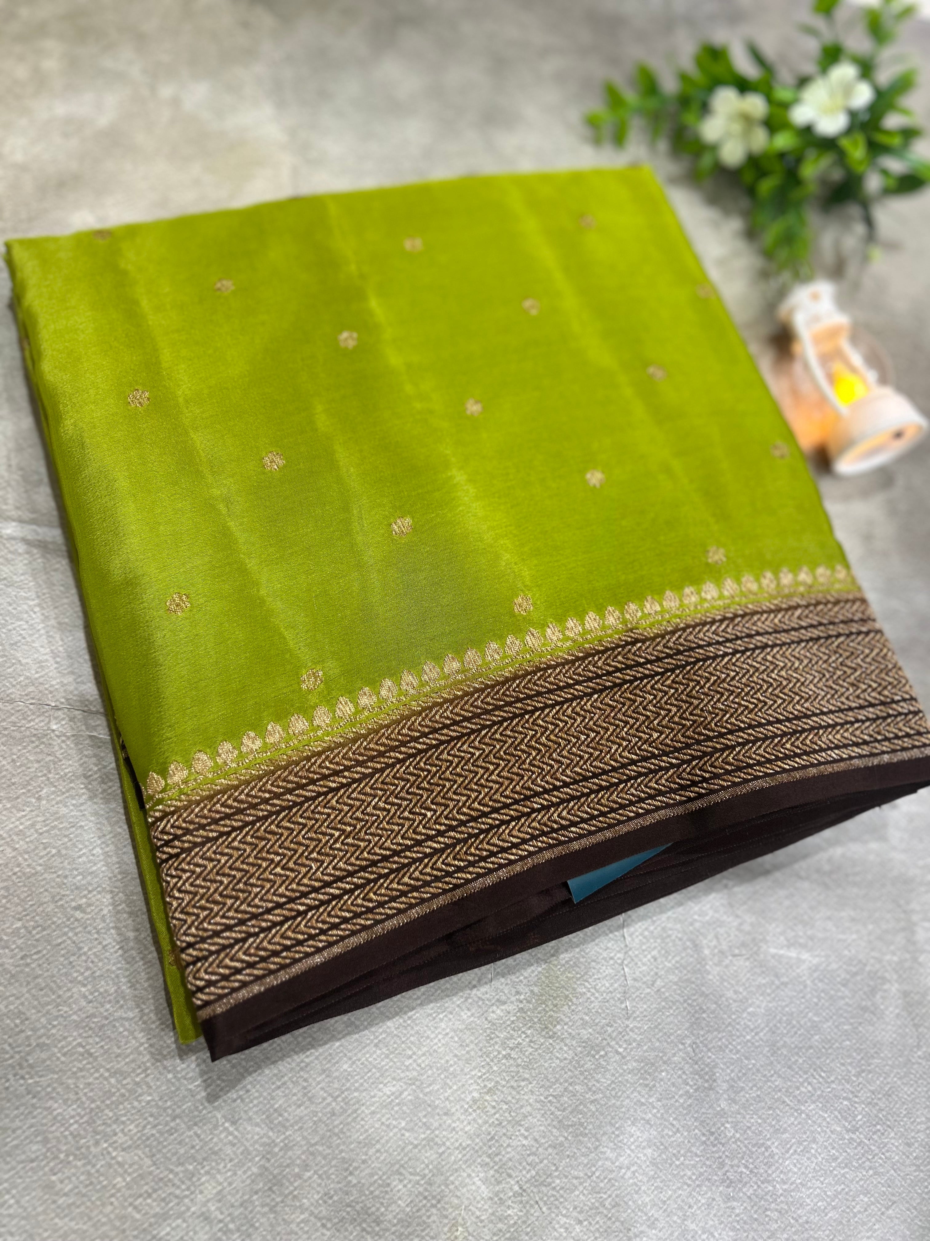 Mehendi green n brown pure Benaras crepe silk saree