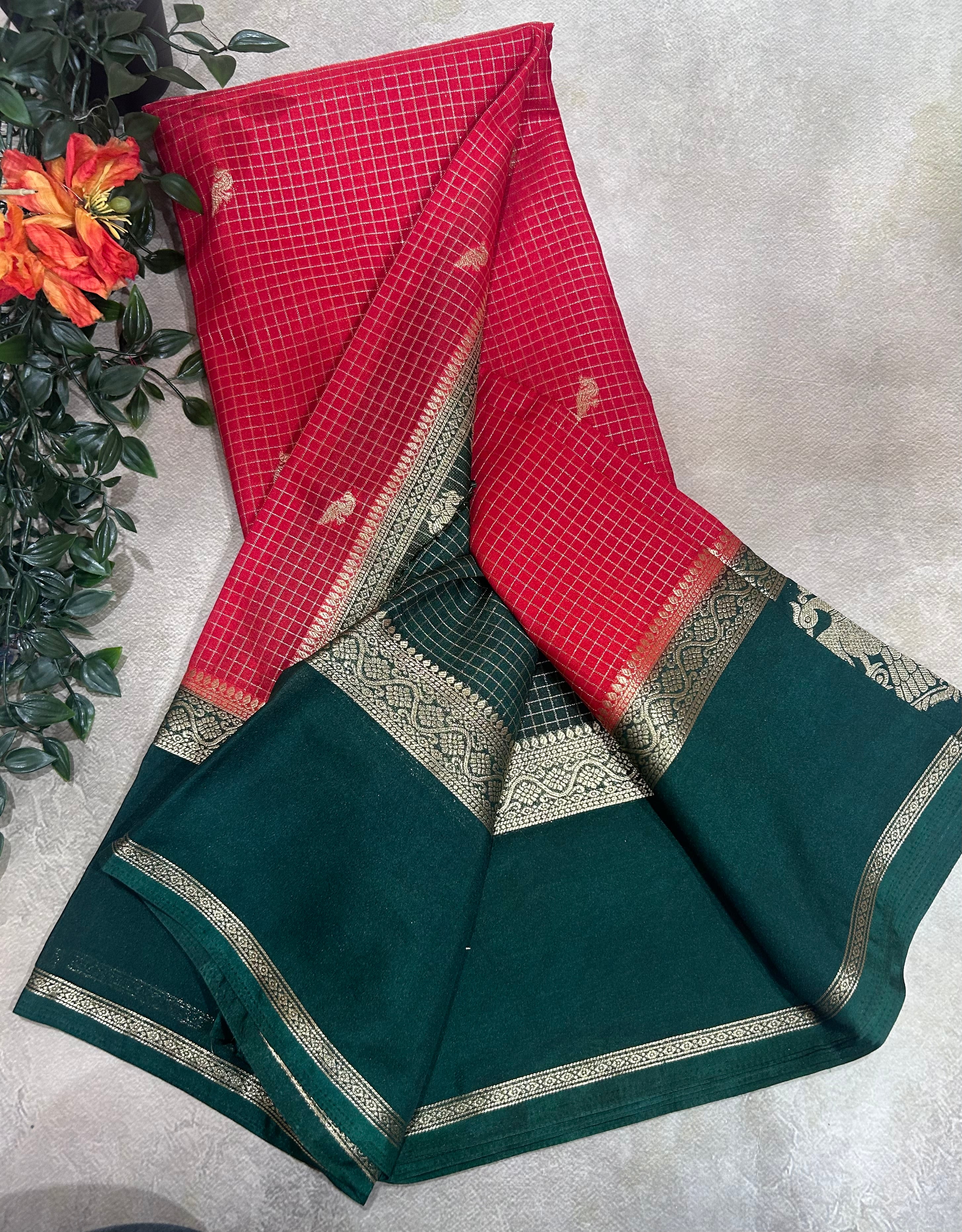 Red gandaberunda border semi Mysore crepe 106 saree