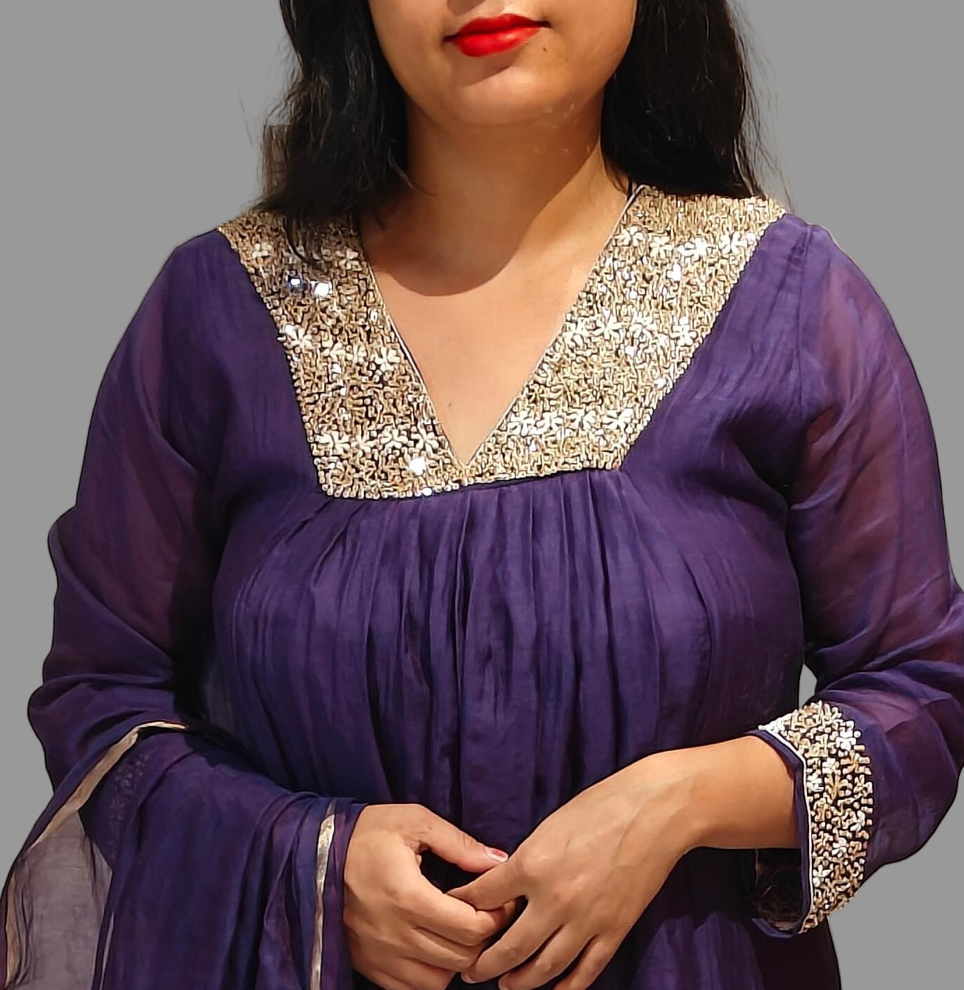 Purple Mul Chanderi Hand Embroidery Airline Kurtha 324