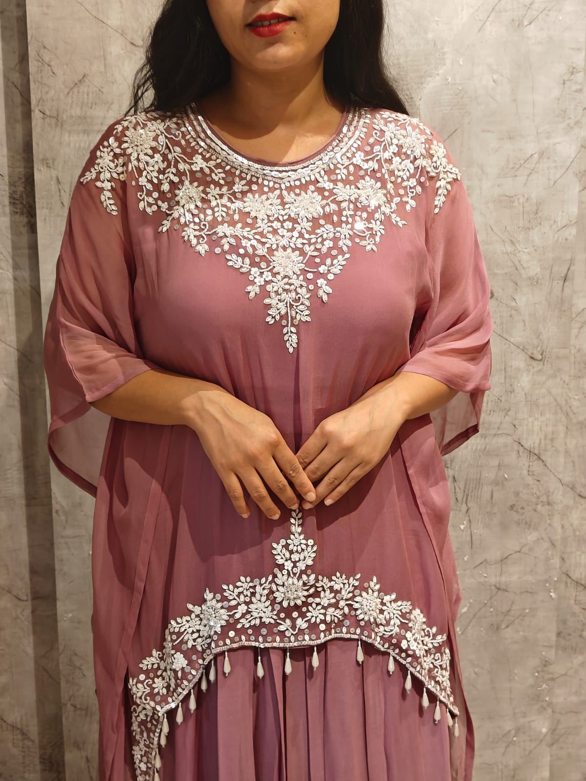 “Kafthan" Onion Pink   handwork party ware Kafthan Kurtha set