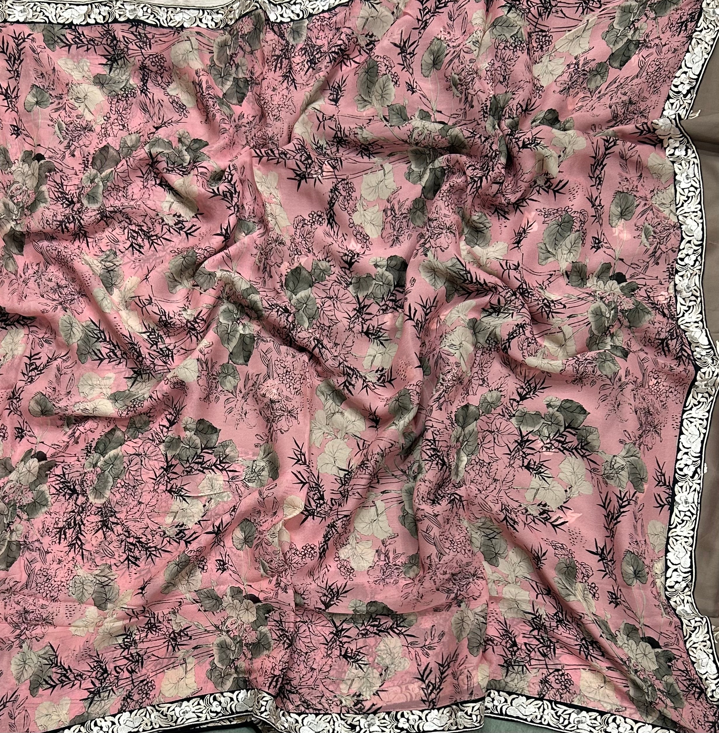 Pastel pink digital printed border 104 chinnon saree