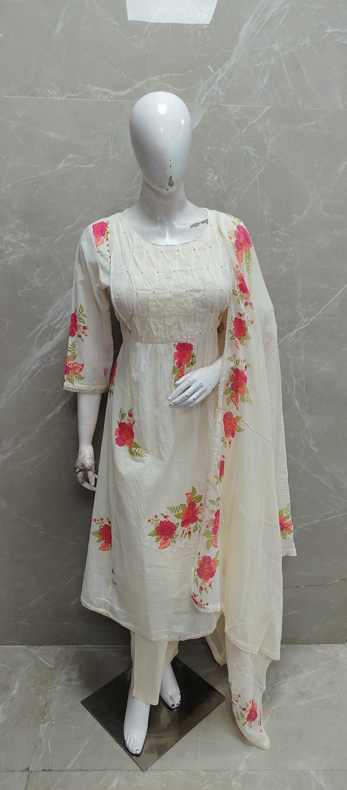 White Cotton Hand Embroidery Airline Kurtha 375