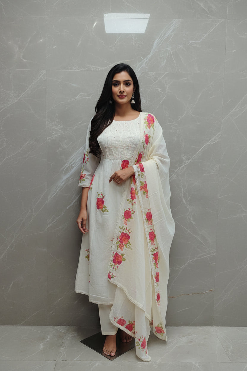 White Cotton Hand Embroidery Airline Kurtha 375