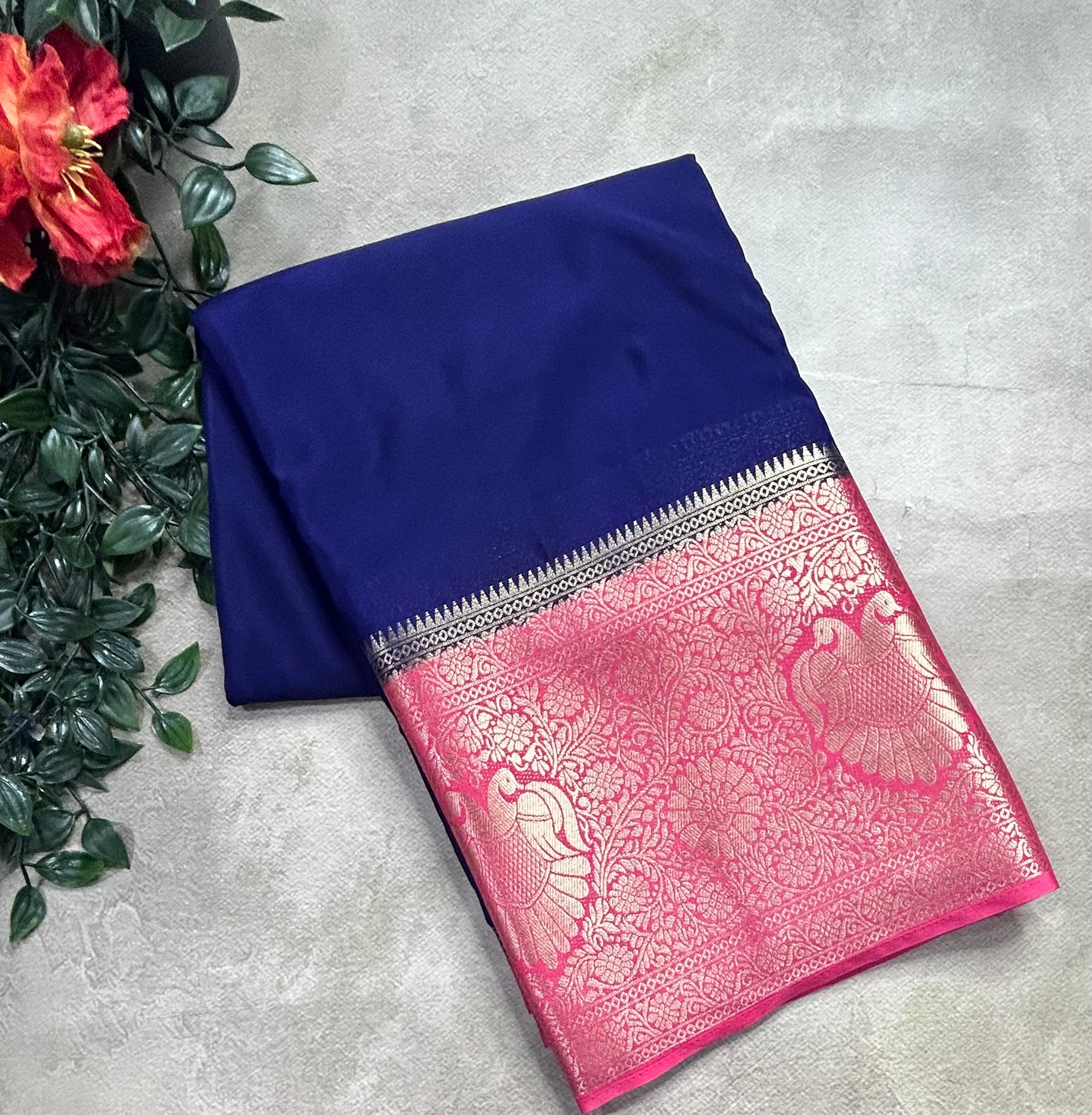 Navy blue contrast long border soft semi Mysore crepe 106 saree
