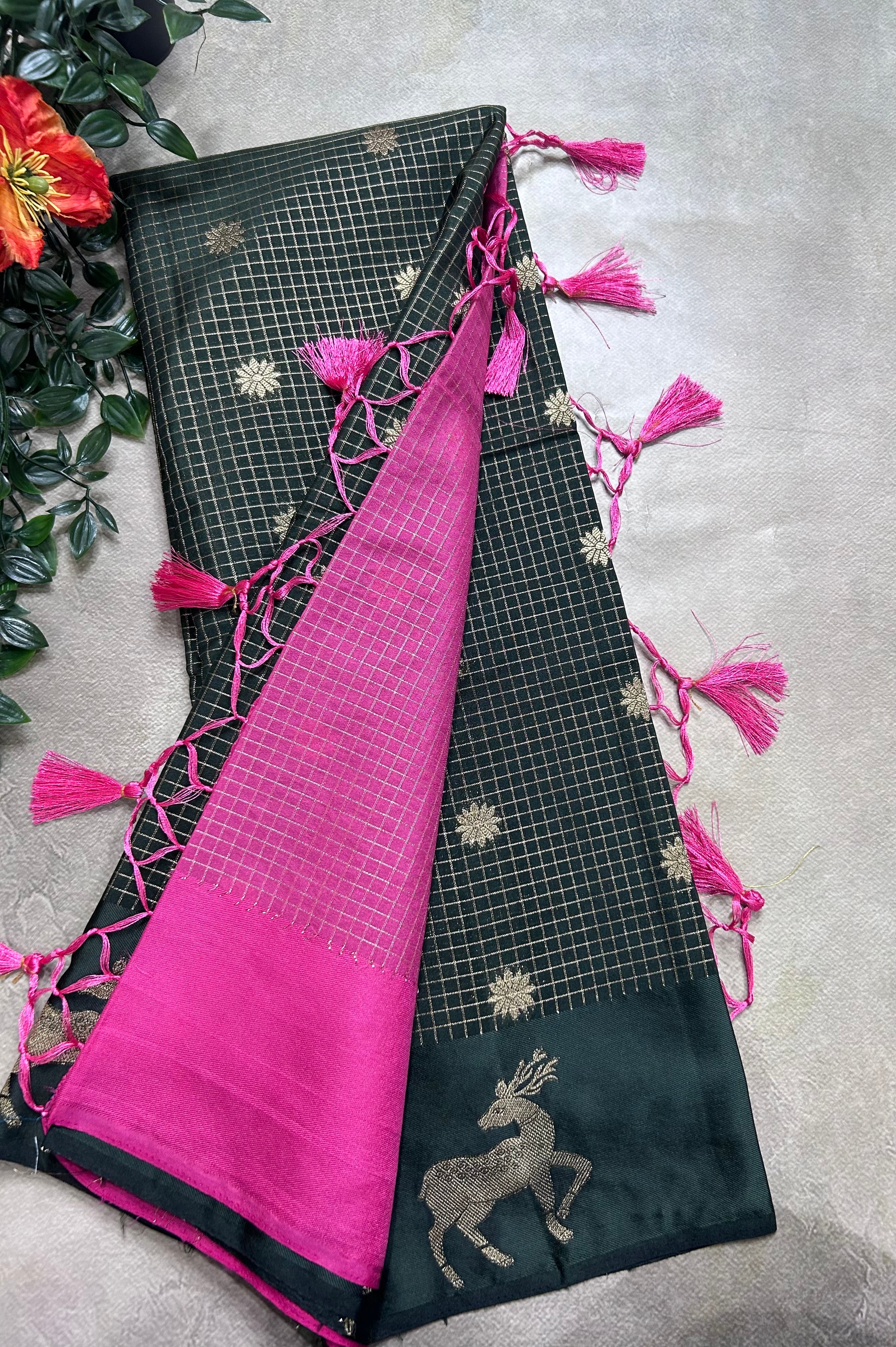 Bottle green small checks semi Mysore crepe 106 saree