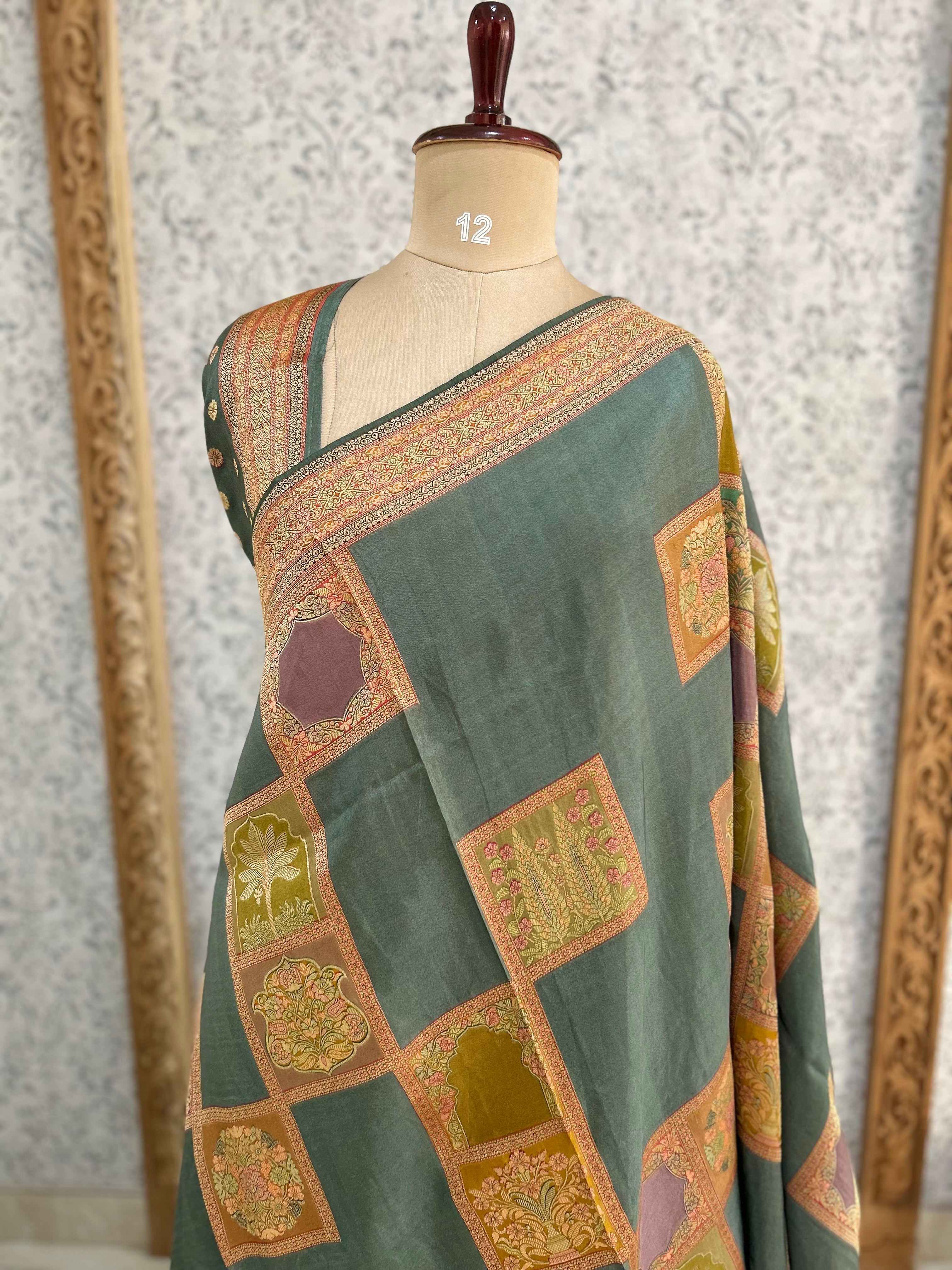 Teal green dola crepe silk saree 101