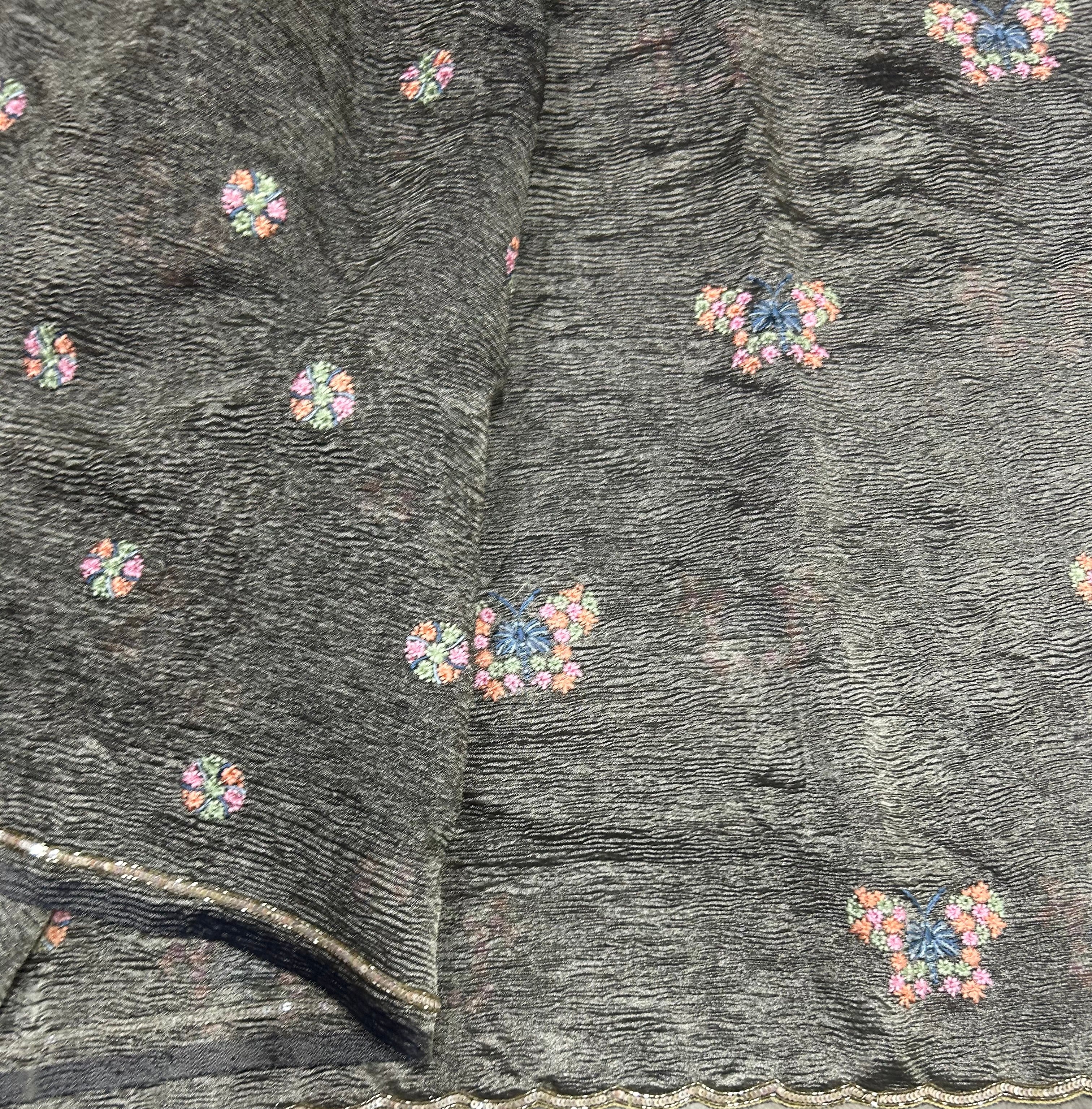Grey embroidery butta crush Tissue saree