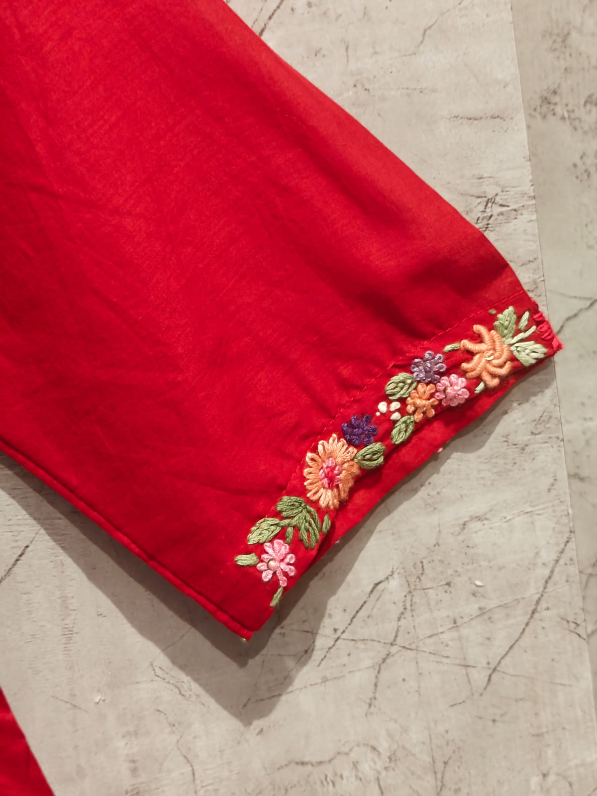 Red Cotton Hand Embroidery Straight Fit Kurtha 212