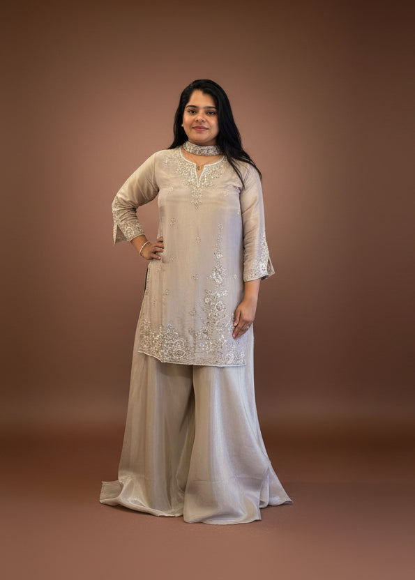 Grey Tissue Hand Embroidery Palazzo Kurtha 301