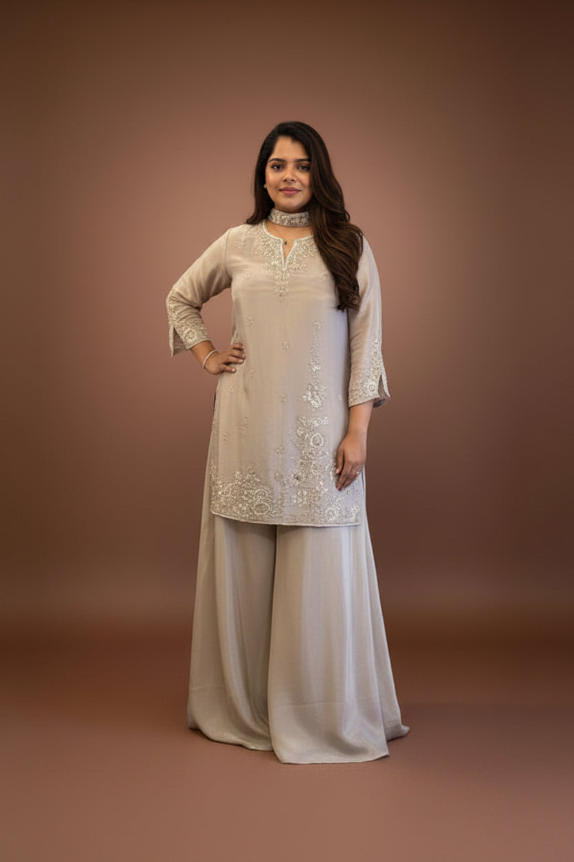 Grey Tissue Hand Embroidery Palazzo Kurtha 301