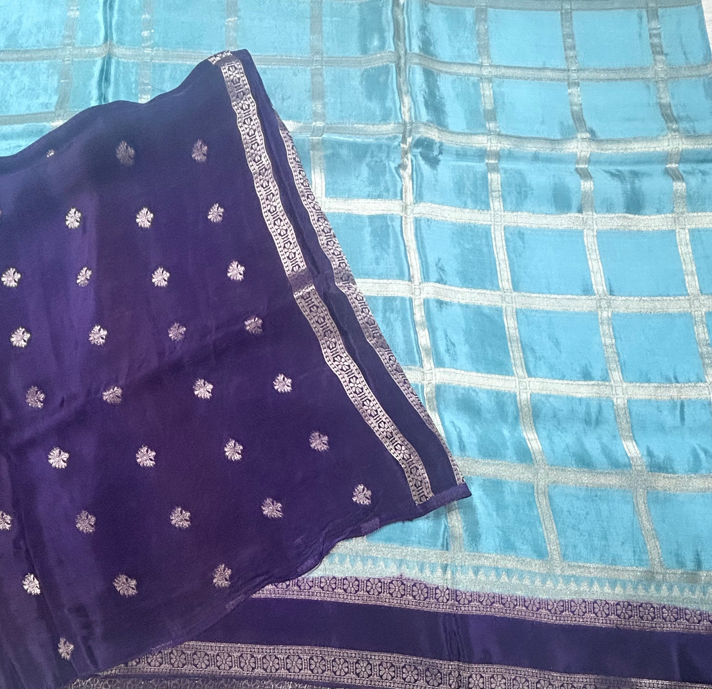 Sea blue checks n bentex border semi crepe 106 saree