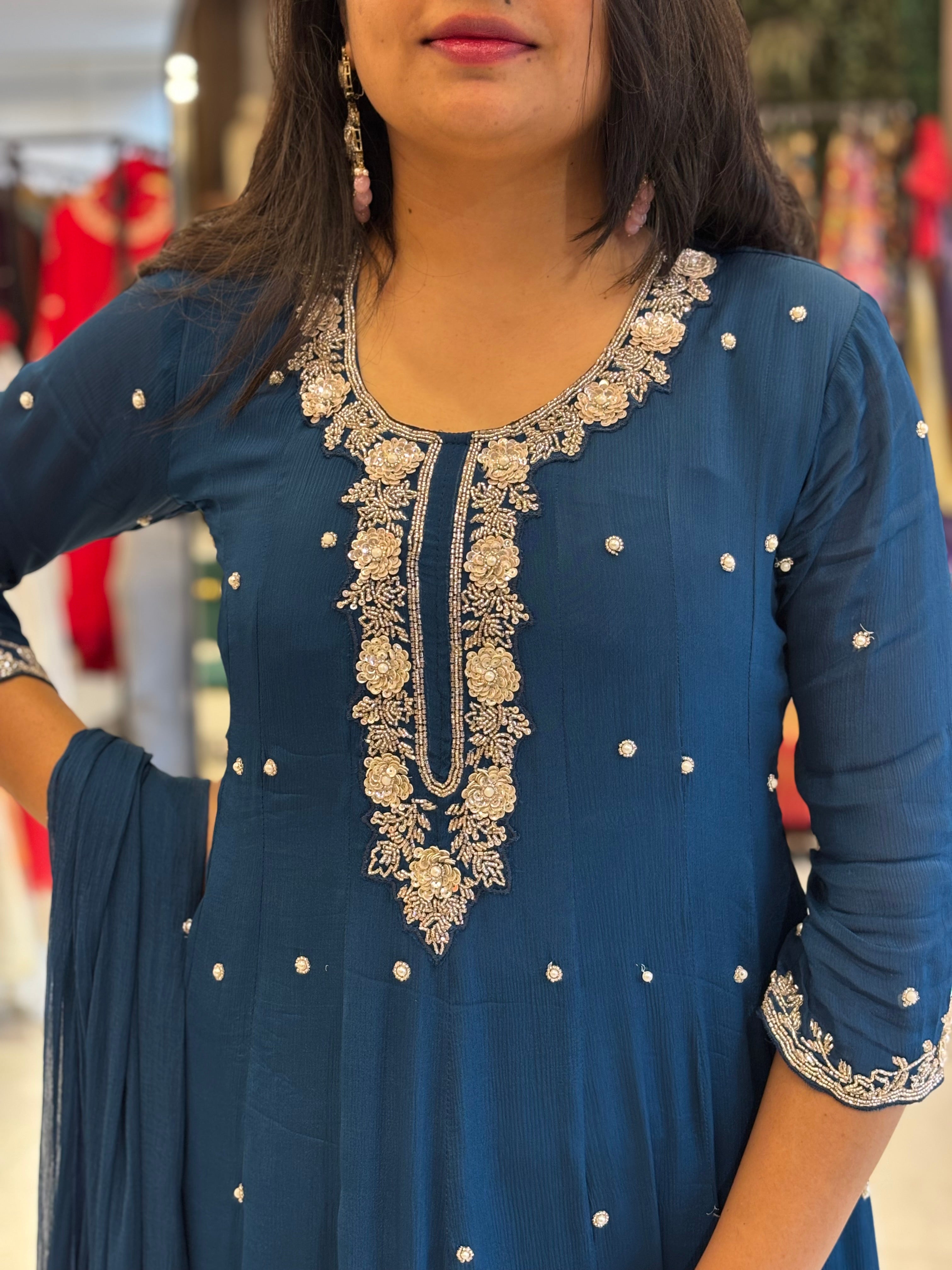 Peacock Blue Anarkali Chinnon Hand Embroidery Kurtha 567