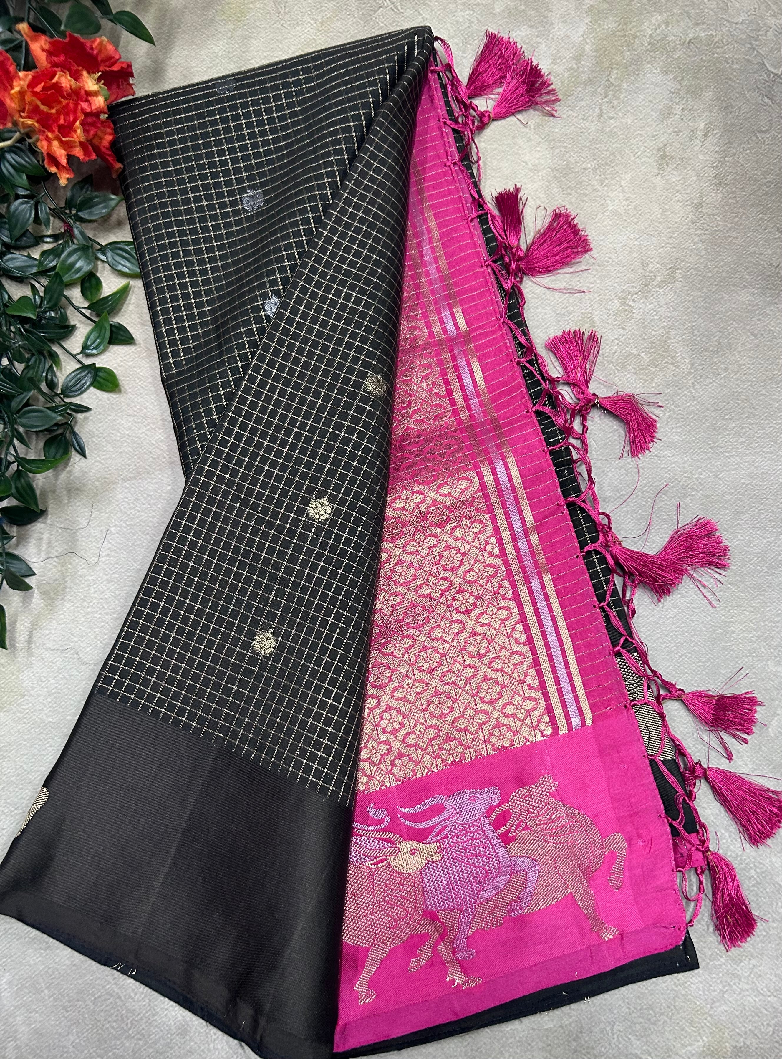Dark olive green small checks semi Mysore crepe saree(SMC106)