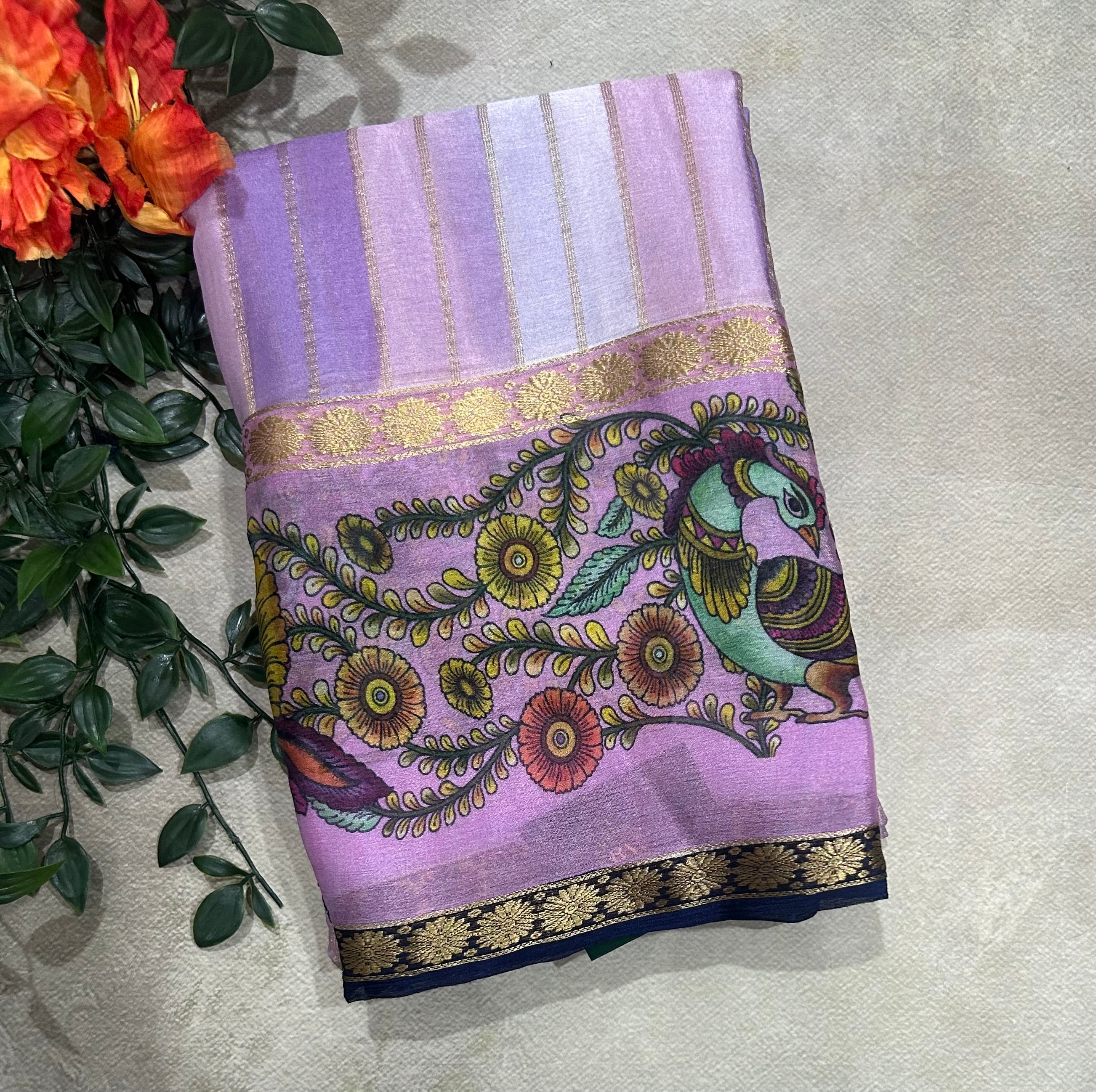 Rankart kalamkari border pure wrinkle 103 crepe silk saree
