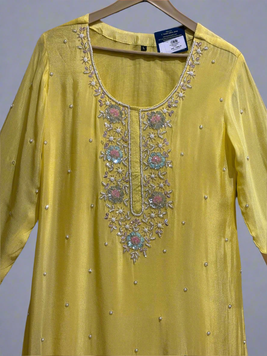 "PARI" Lemon Yellow Designer Kurtha Set with Handwork and Palzoo Pant
