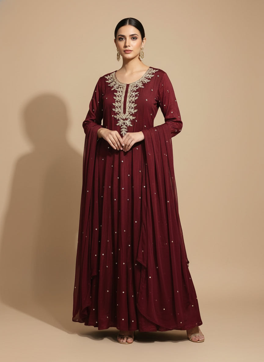 Purple Anarkali Chinnon Hand Embroidery Kurtha 567