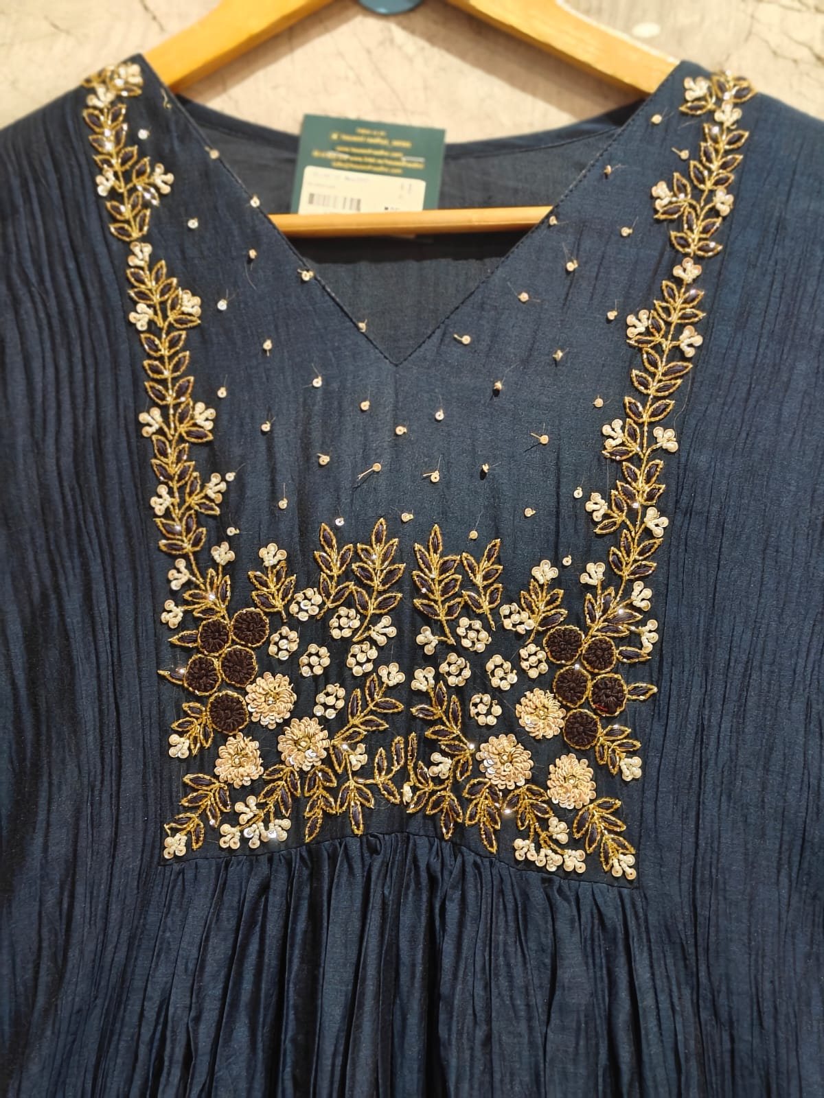 Navy Blue Mul Chanderi Hand Embroidery Anarkali Kurtha 899