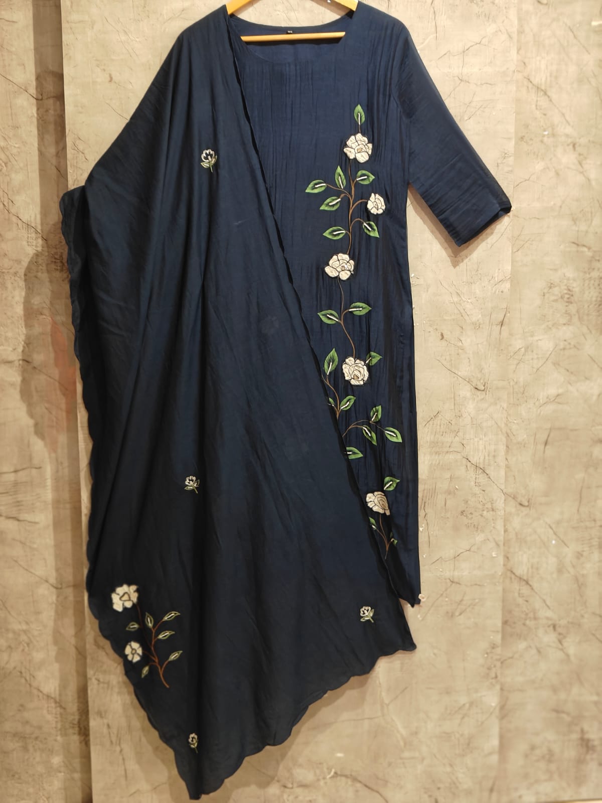 Navy Blue Mul Chanderi hand painted kurtha 203