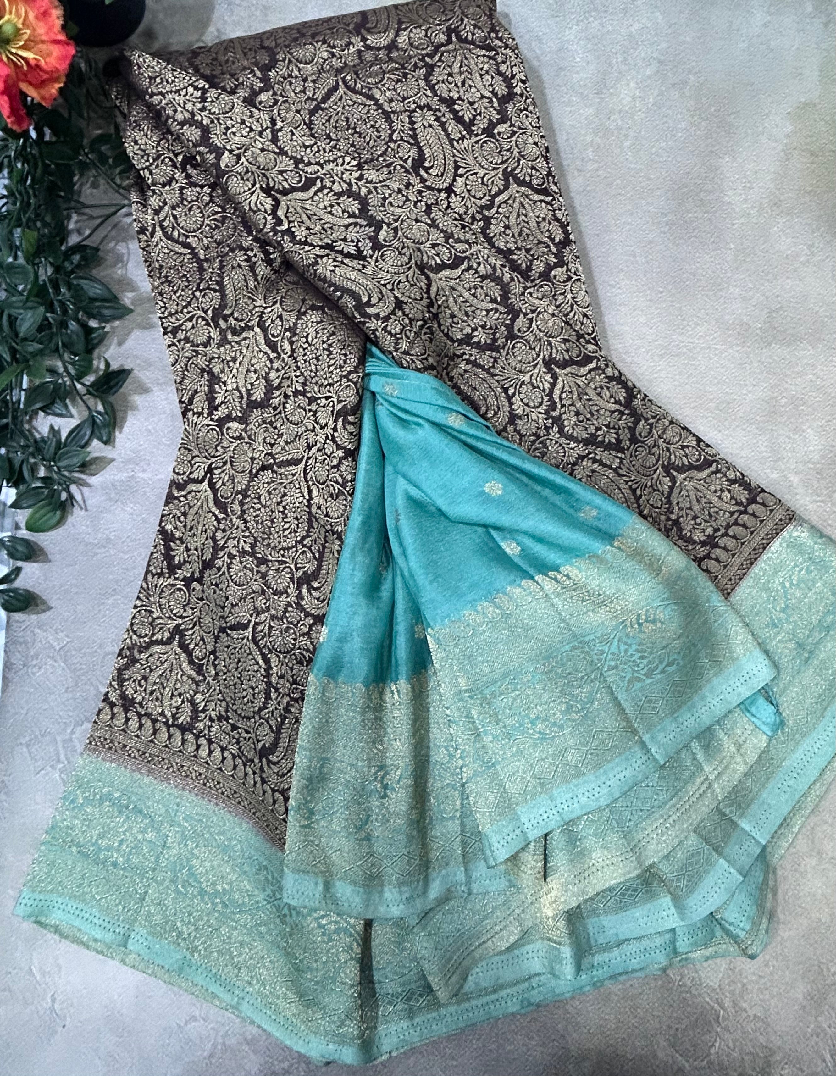 Dark brown brocade semi georgette 105 saree