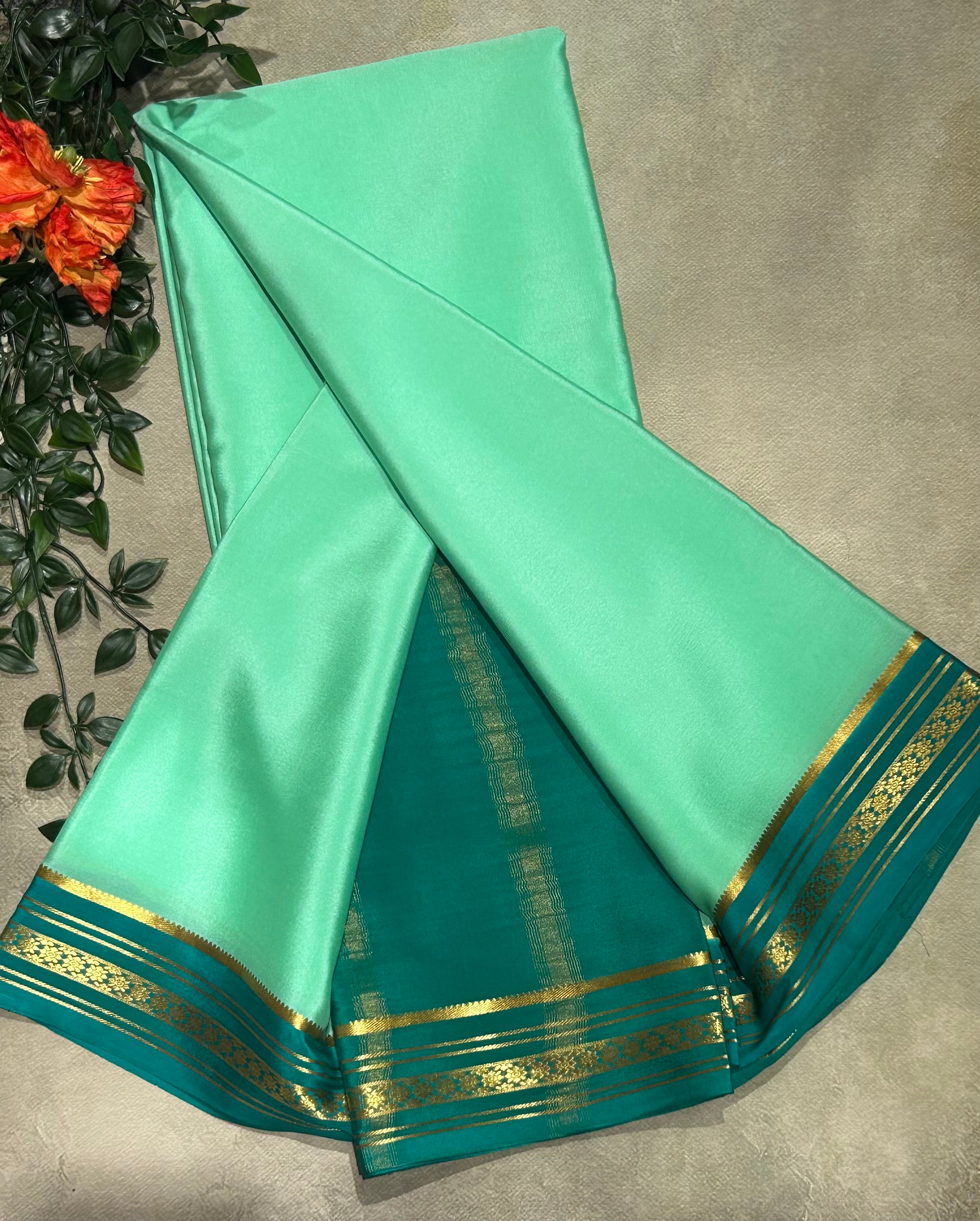 Aqua green stripes border pure Mysore silk-103 saree