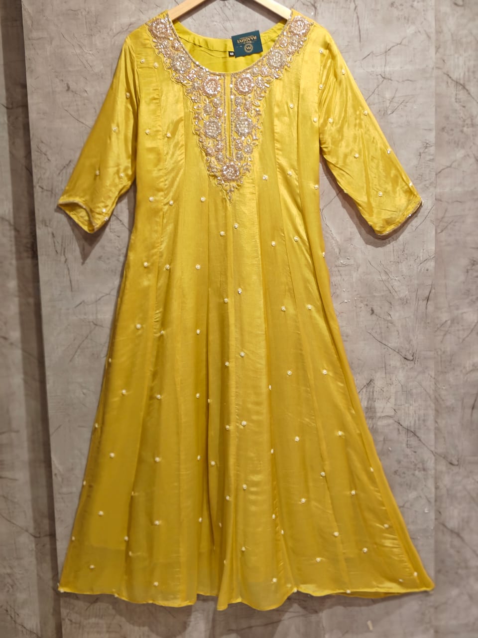Yellow Anarkali Chinnon Hand Embroidery Kurtha 567