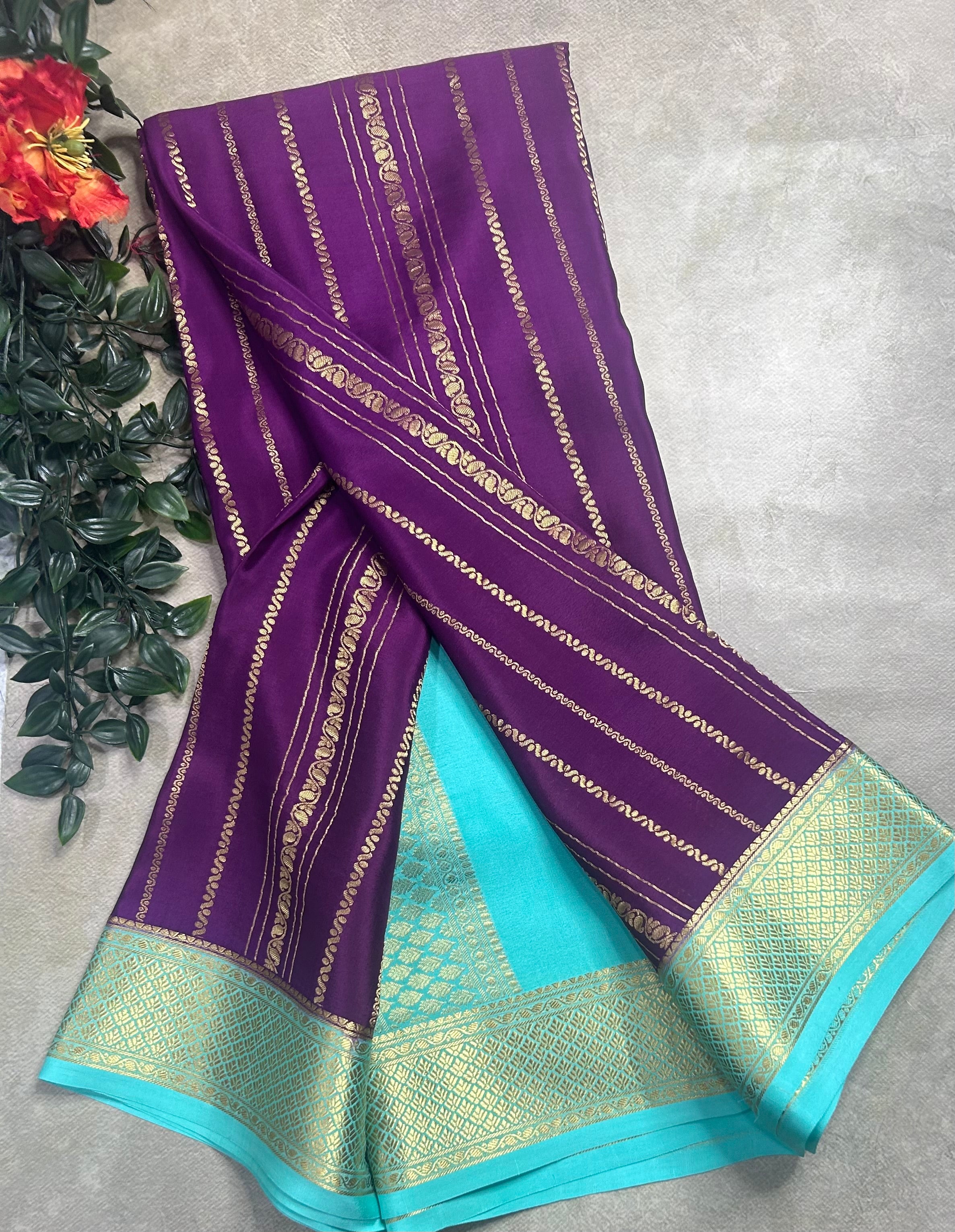 Dark purple stripes pure mysore crepe silk saree (SMS106)