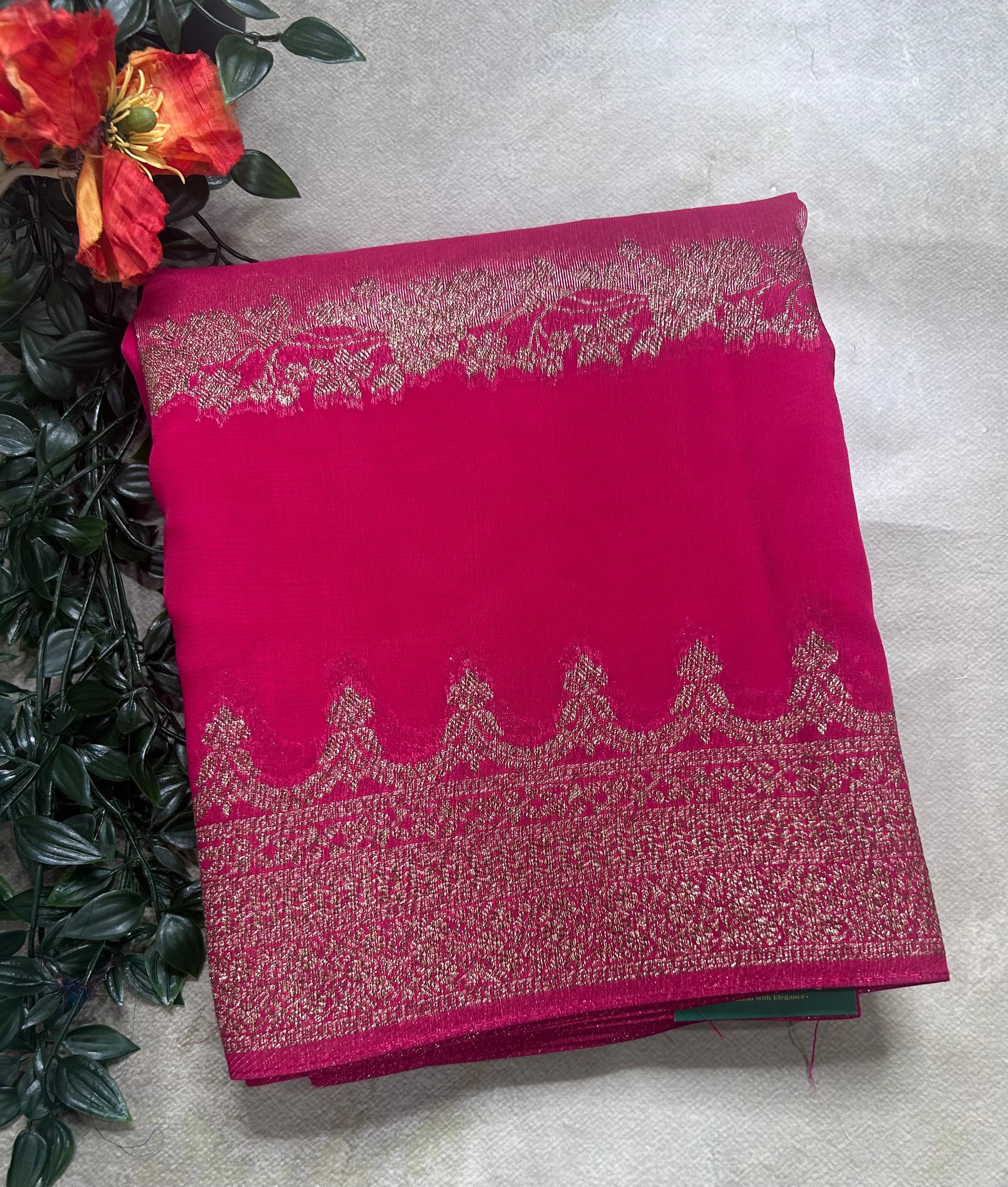 Pink brocade tussar crepe georgette silk saree