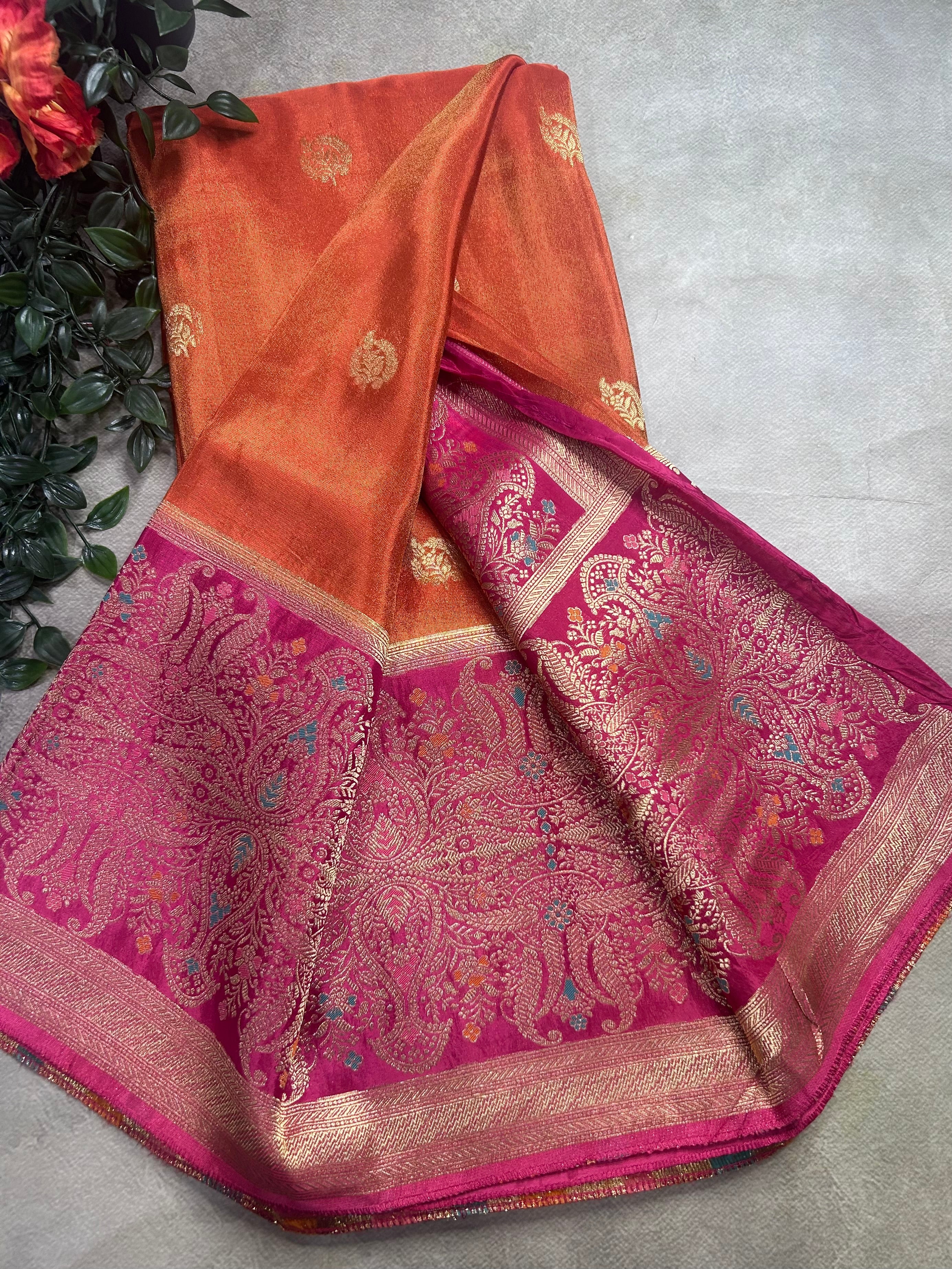 Orange contrast long border soft semi tissue crepe 106 saree