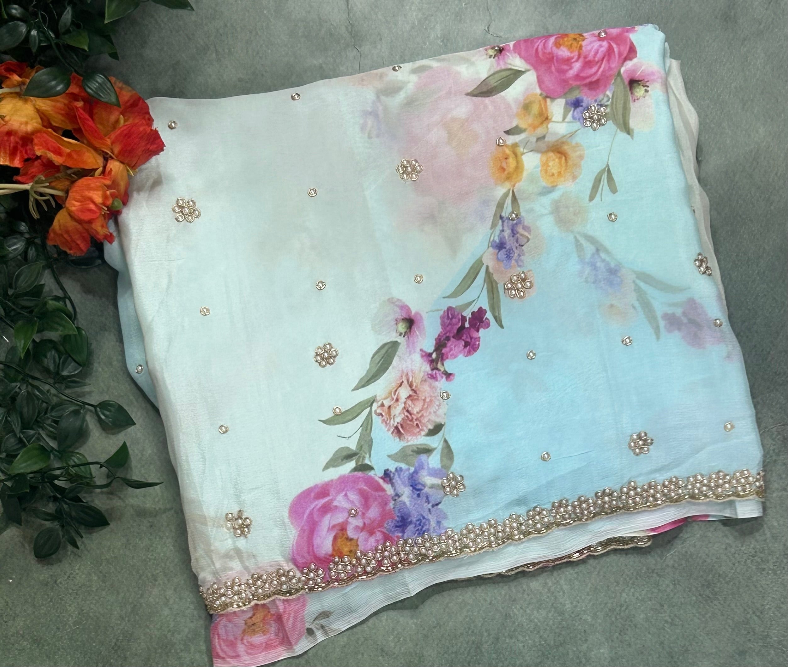 Cream n pastel blue -2 digital printed crepe 104 party wear saree