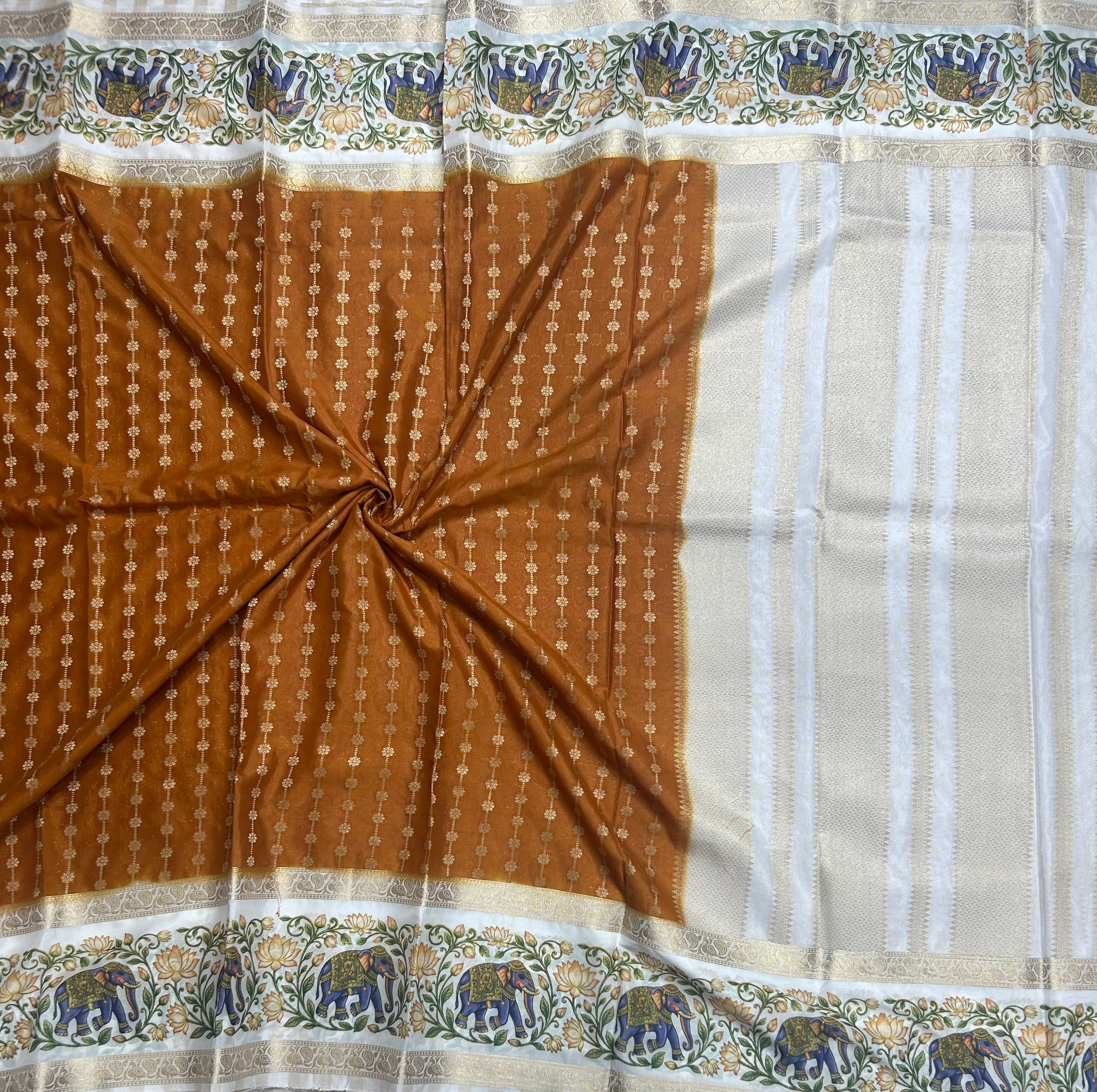 Mustard yellow bentex border printed semi Mysore 105 saree