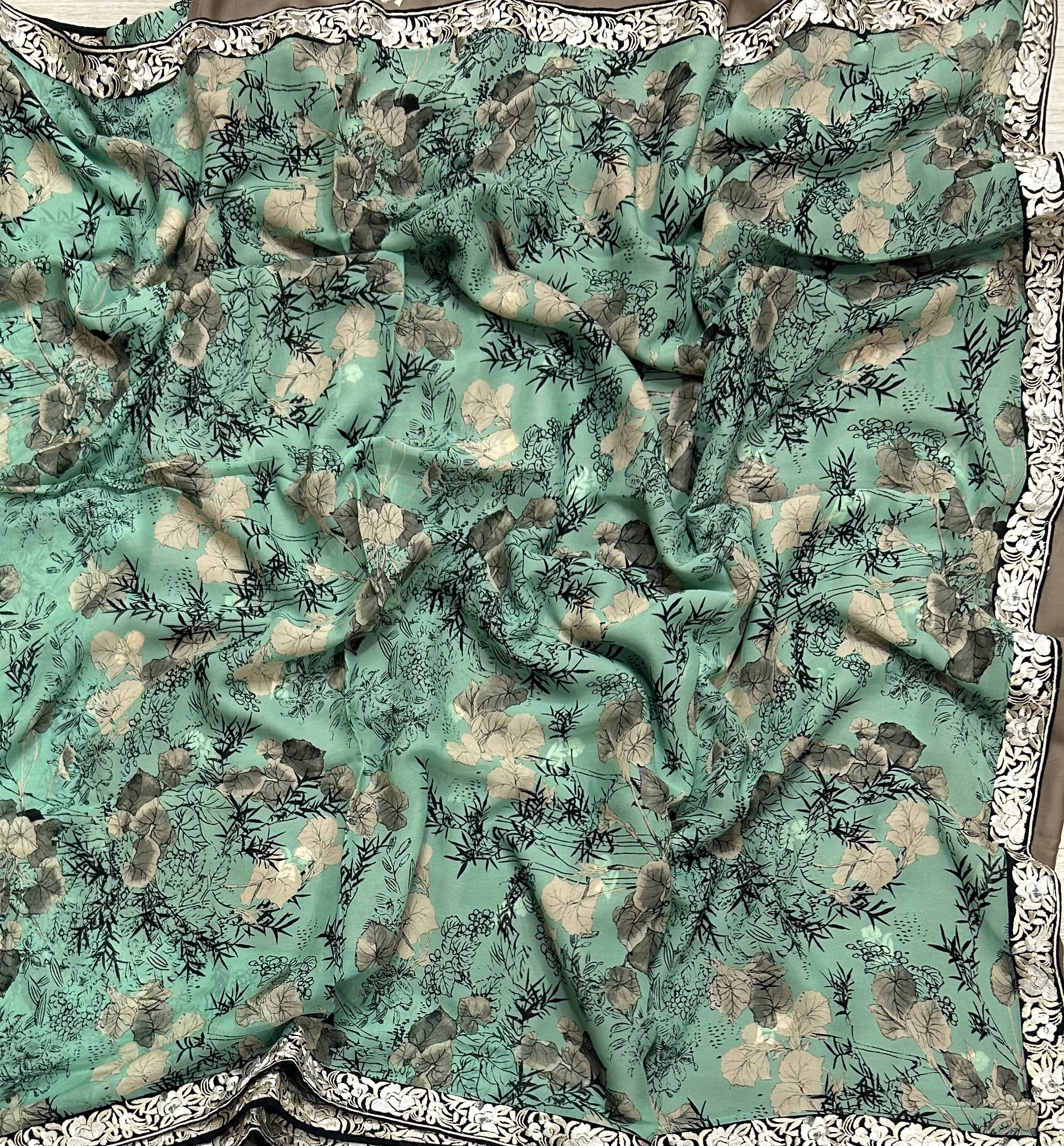 Aqua green digital printed border 104 chinnon saree