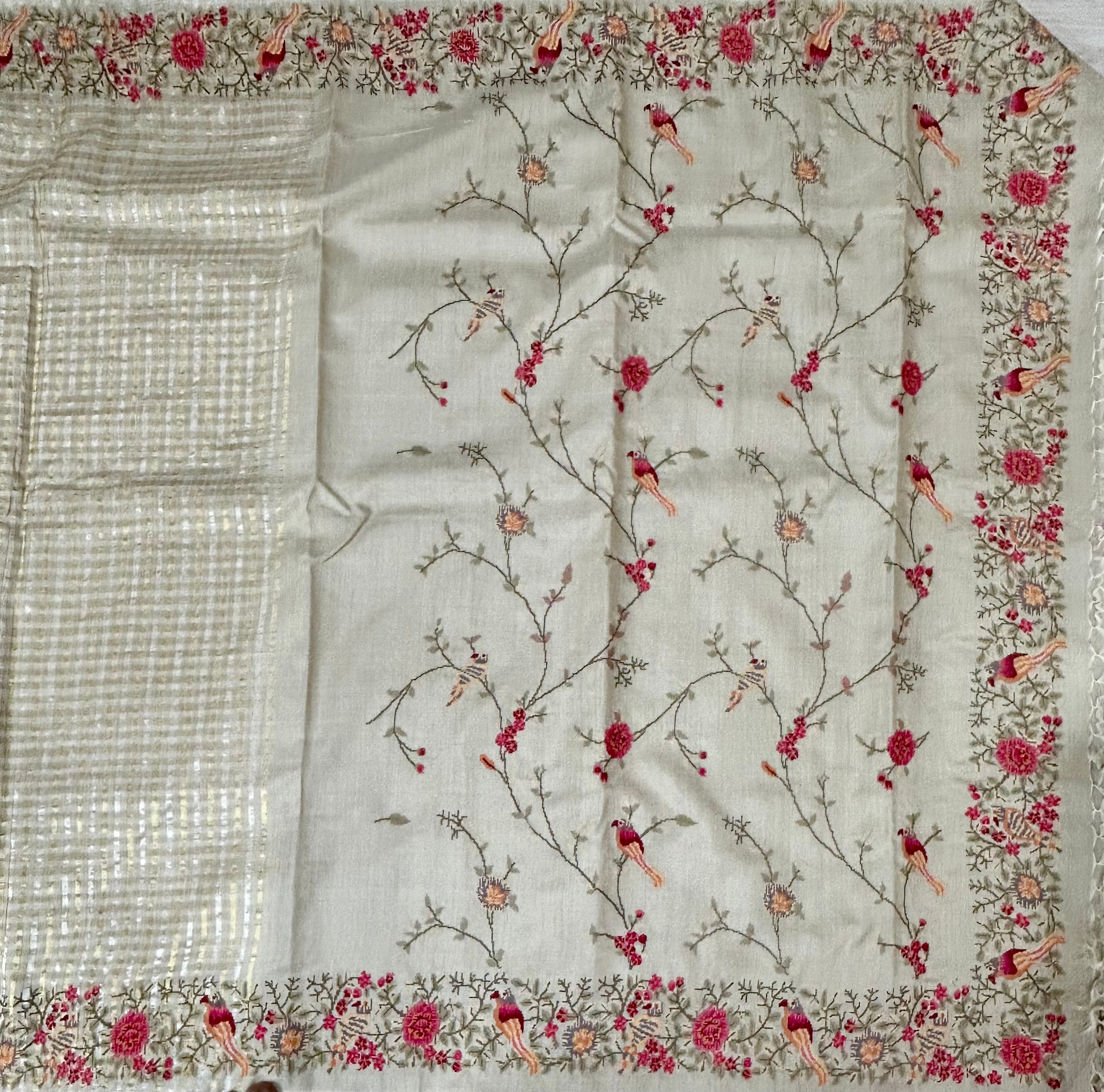 Cream petite point pure handloom  tussar silk-12 saree