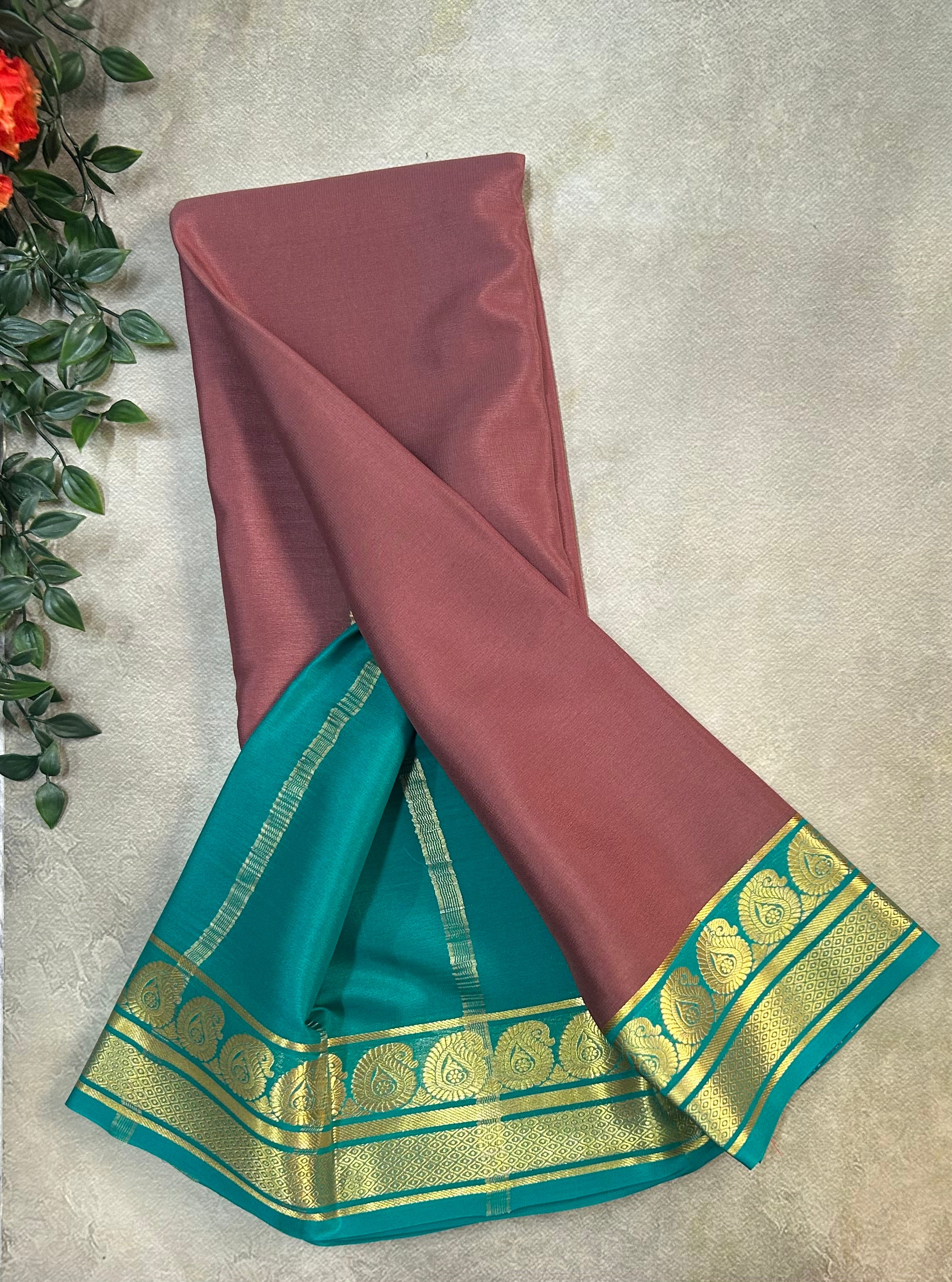 Light brown n Rama green pure Mysore silk saree