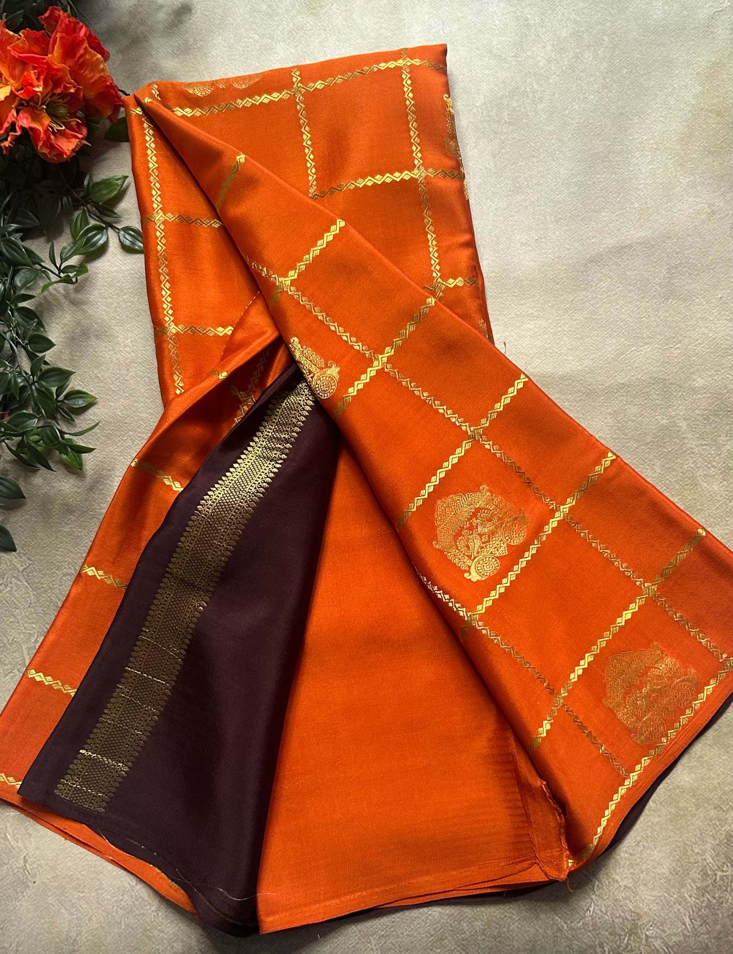 Rust orange contrast checks borderless pure mysore silk-102 saree