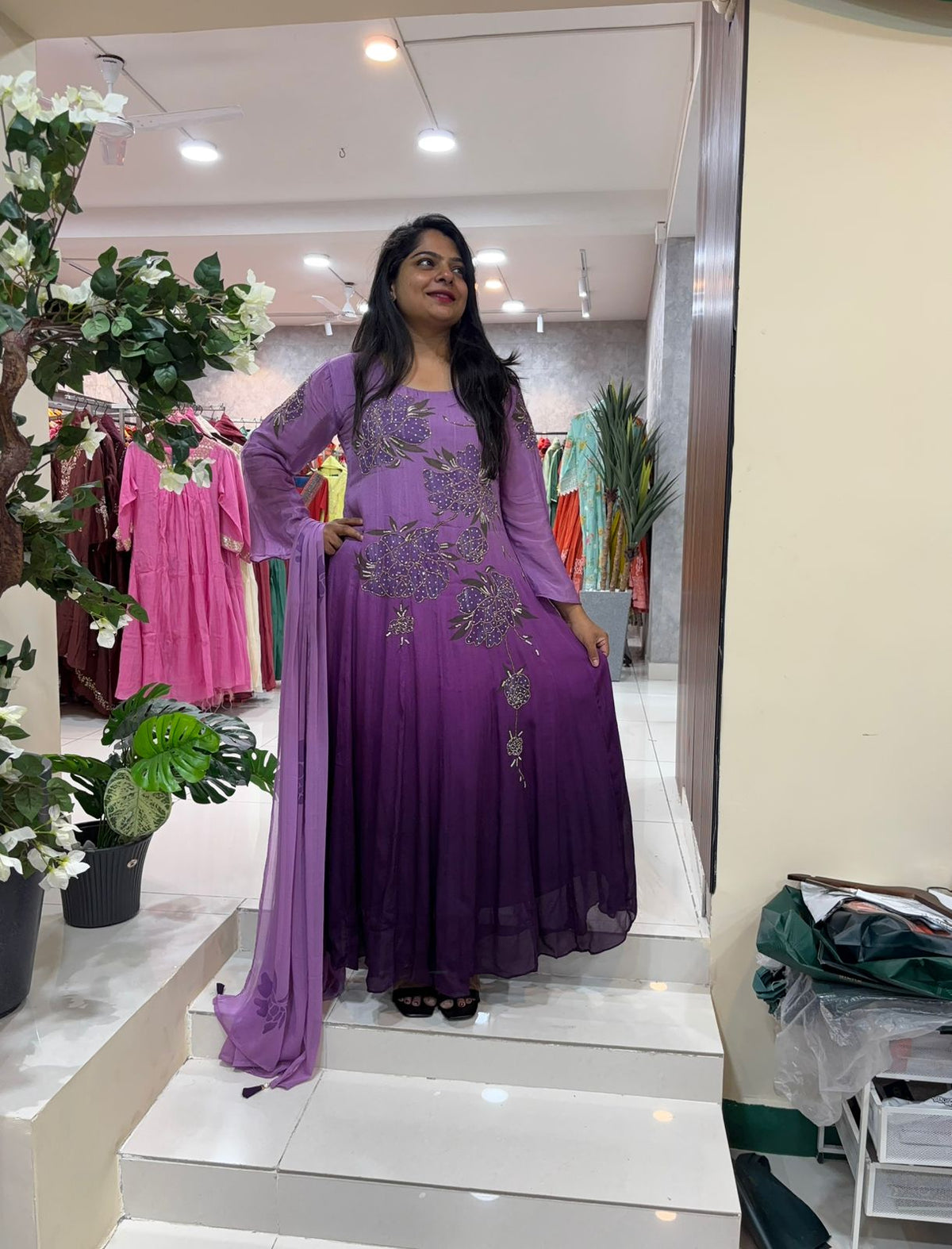 Purple Anarkali Chinnon Hand Embroidery Kurtha 765