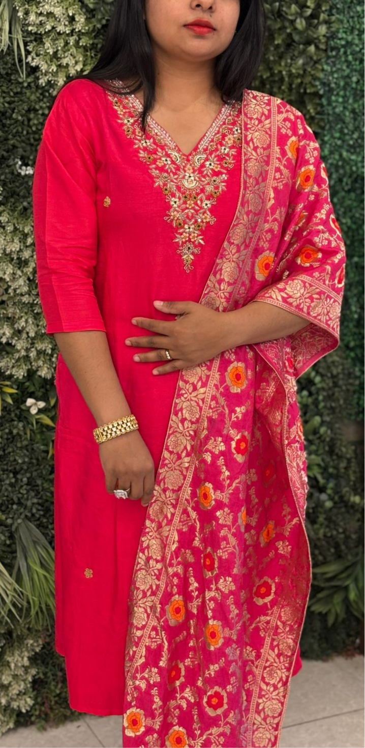 “Chandini" Pink silk Kurtha suit with work
