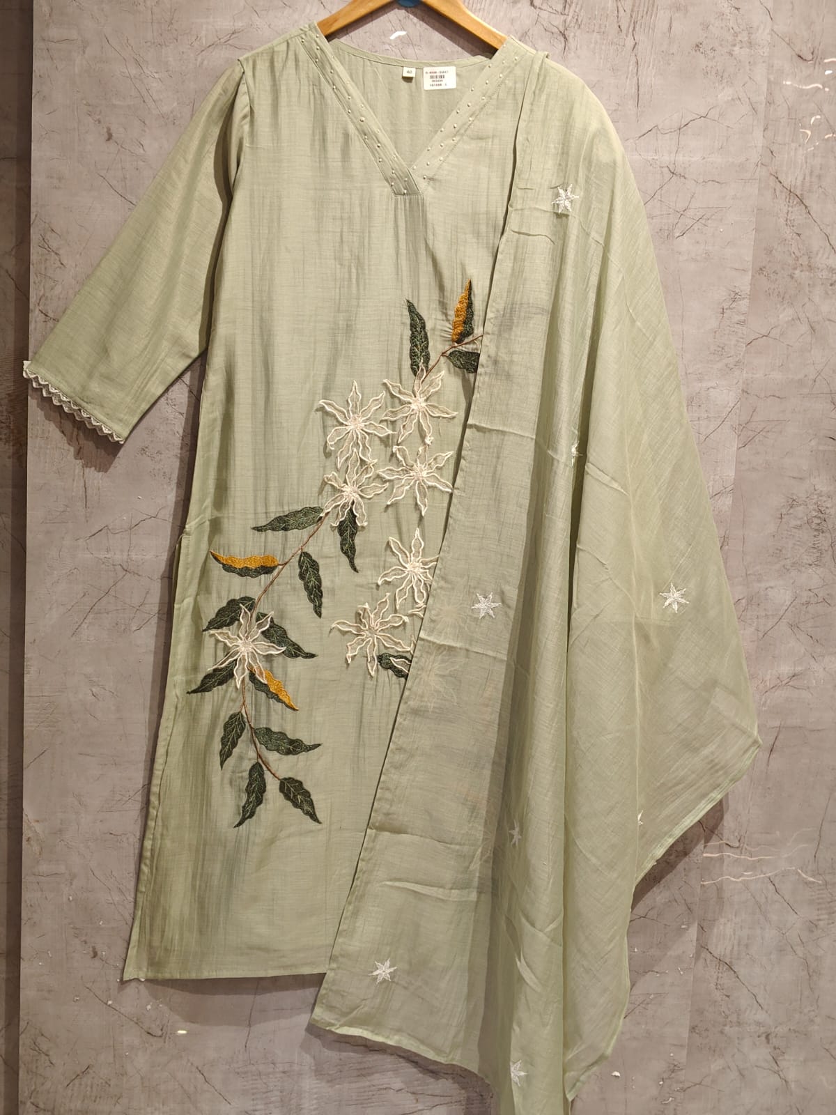 Pista Green pink Mul Chanderi Thread Embroidery A Line Kurtha 63