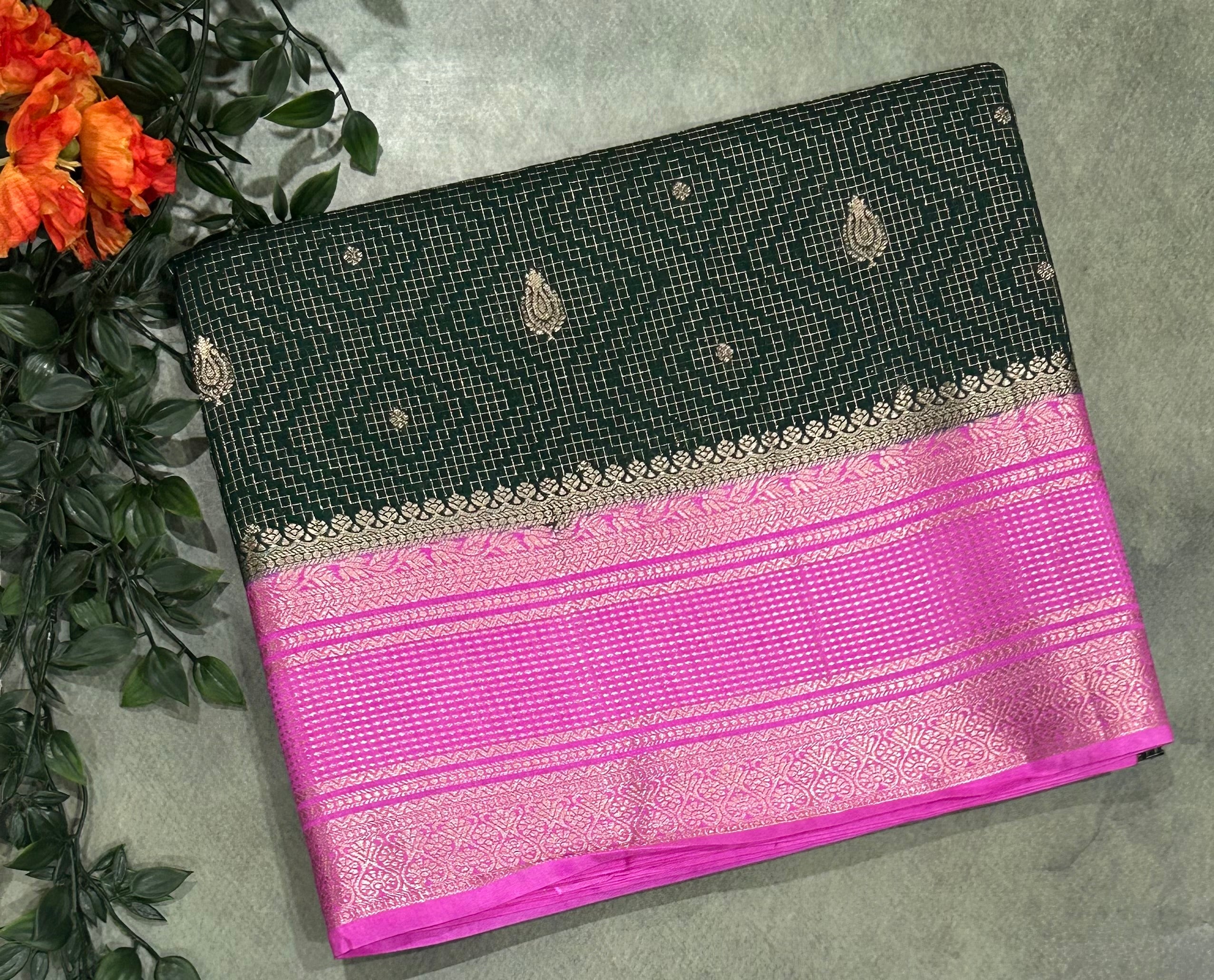 Bottle green contrast dola checks 103 saree