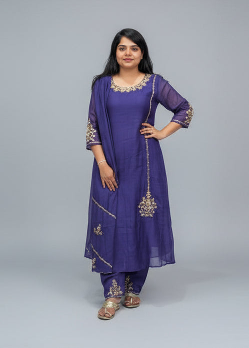 Purple Mul Chanderi Hand Embroidery A Line Kurtha 686