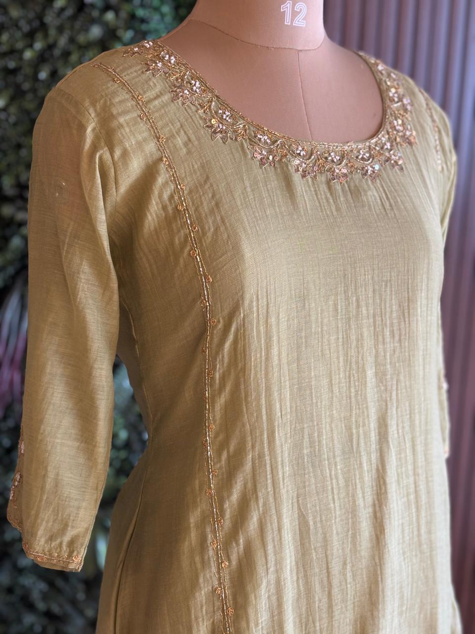 Green Mul Chanderi Airline Handwork Kurtha 581