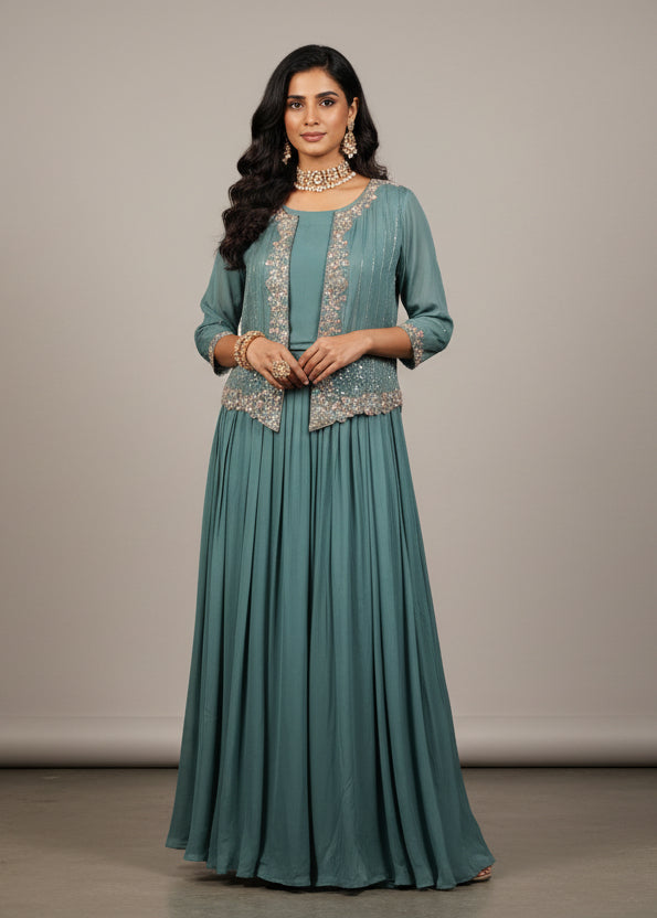 “Pari" Blue Designer Kurtha 43 Set with Handwork Top, Skirt and Jacket Indo-western