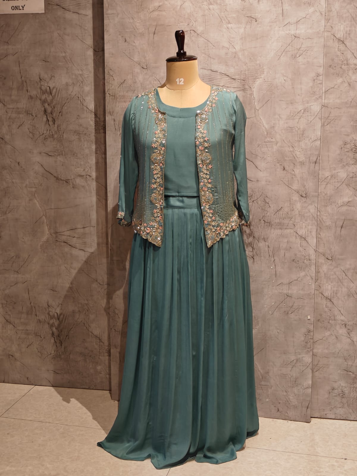 “Pari" Blue Designer Kurtha 43 Set with Handwork Top, Skirt and Jacket Indo-western