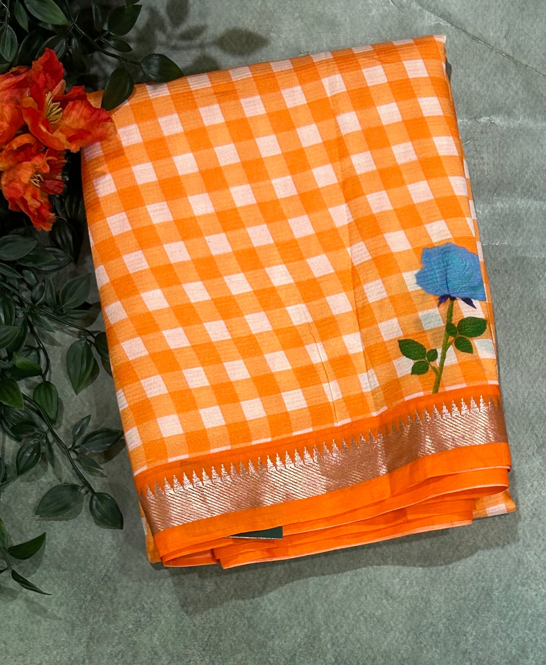 Orange checks mangalagiri silk 104 saree