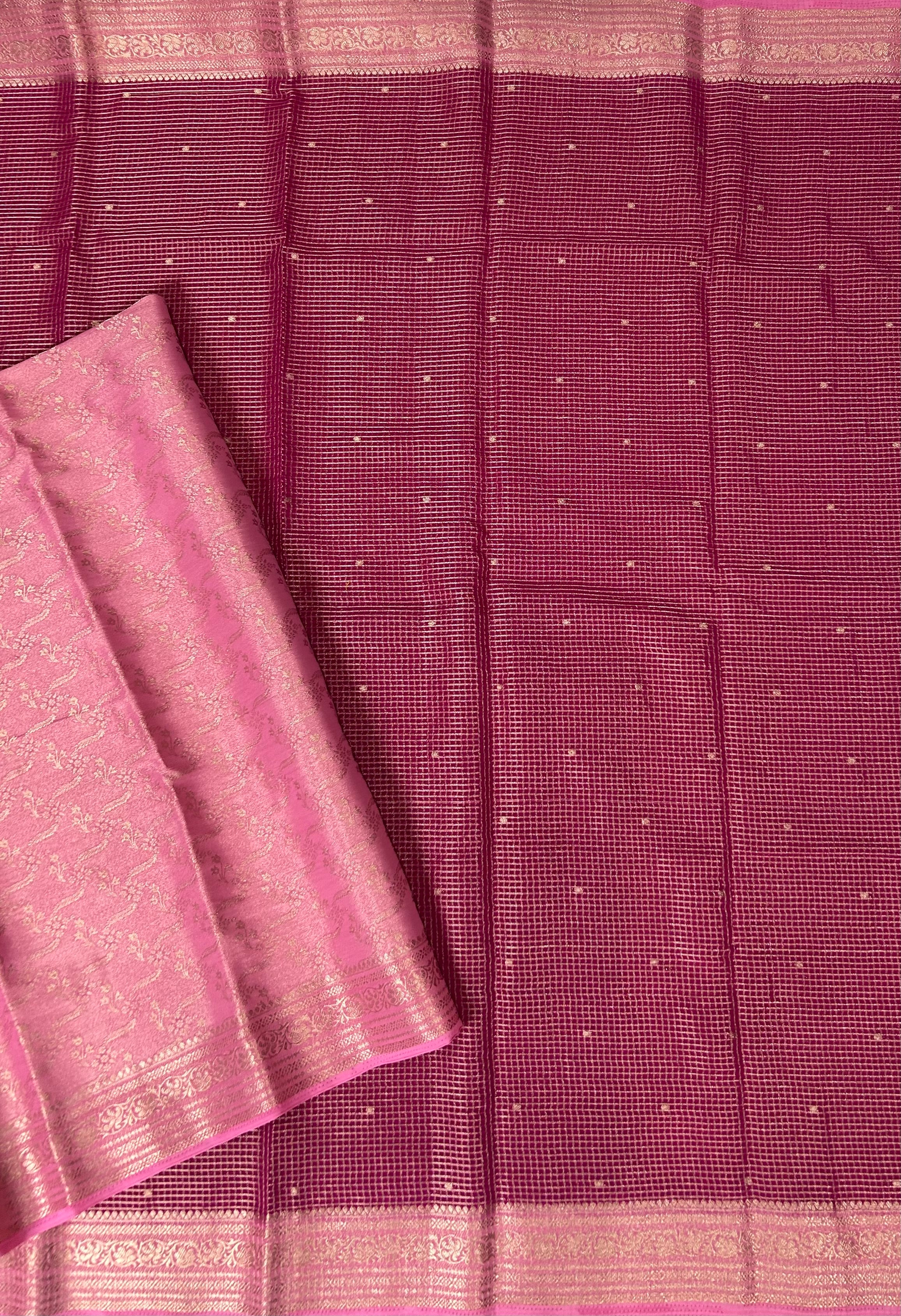 Rani pink small checks semi mysore crepe-12 saree