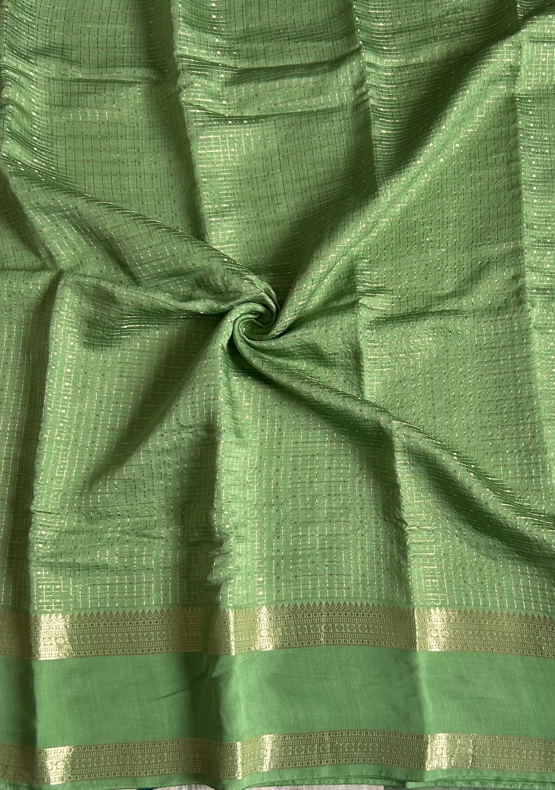 Pastel green small checks soft Tussar 03 crepe saree