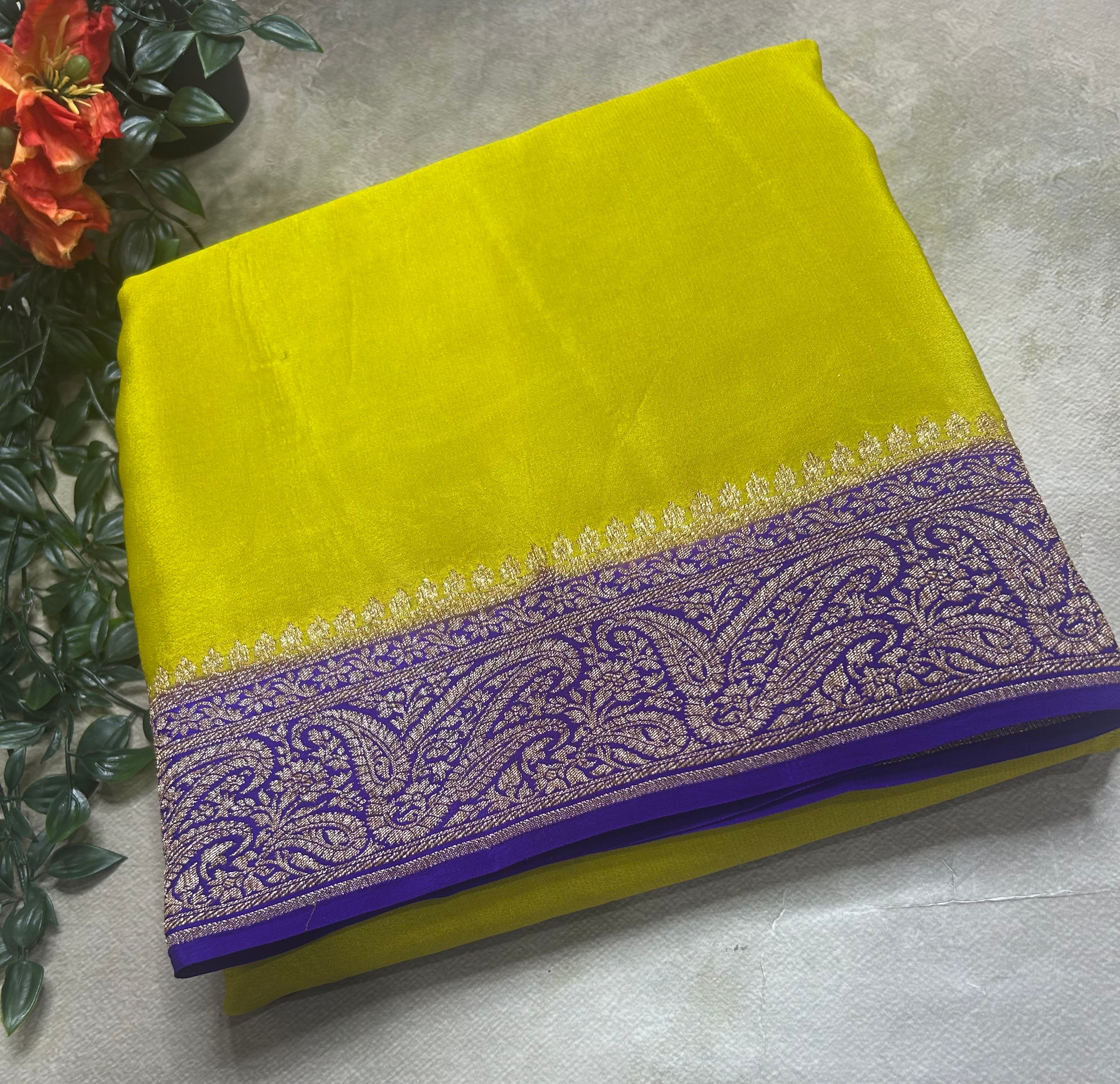 Neon green n purple pure Benarasi crepe 105 saree