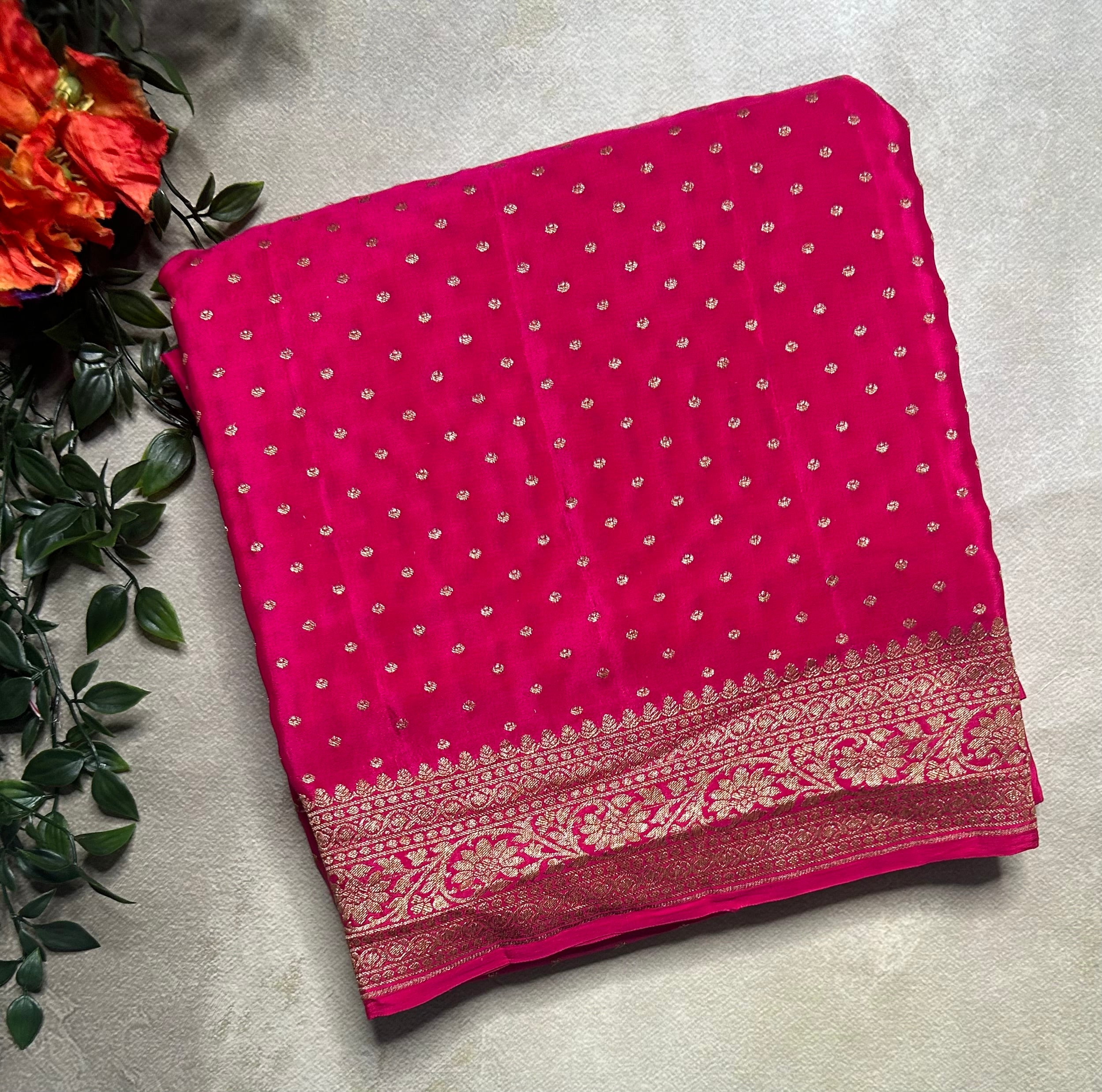 Rani pink pure benarasi 103 crepe silk saree