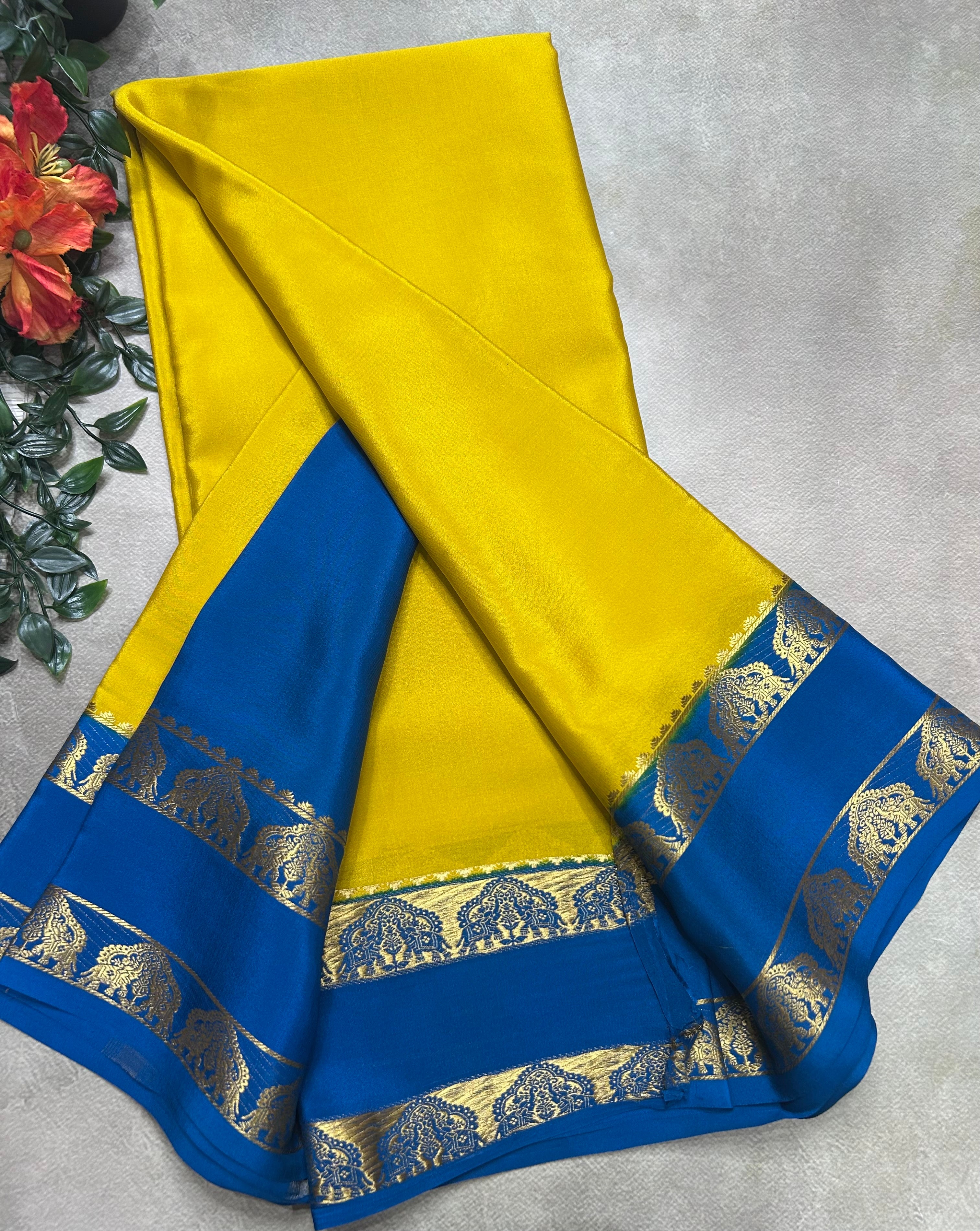 Yellow bentex border pure mysore silk saree(MSC106)